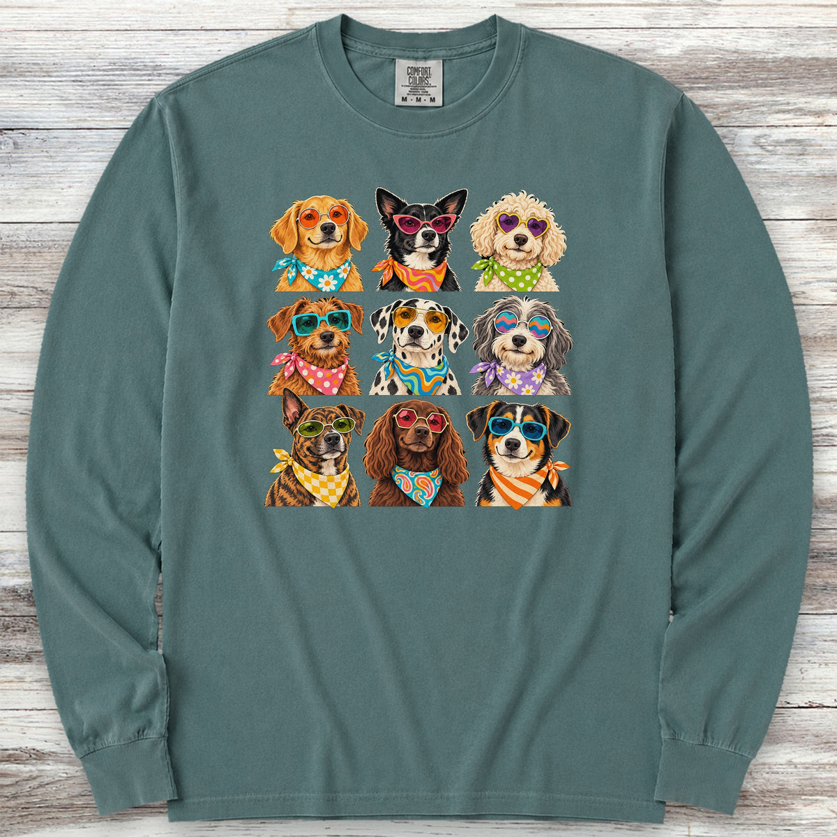 Groovy Dogs Grid Long Sleeve Tee - Blue Spruce
