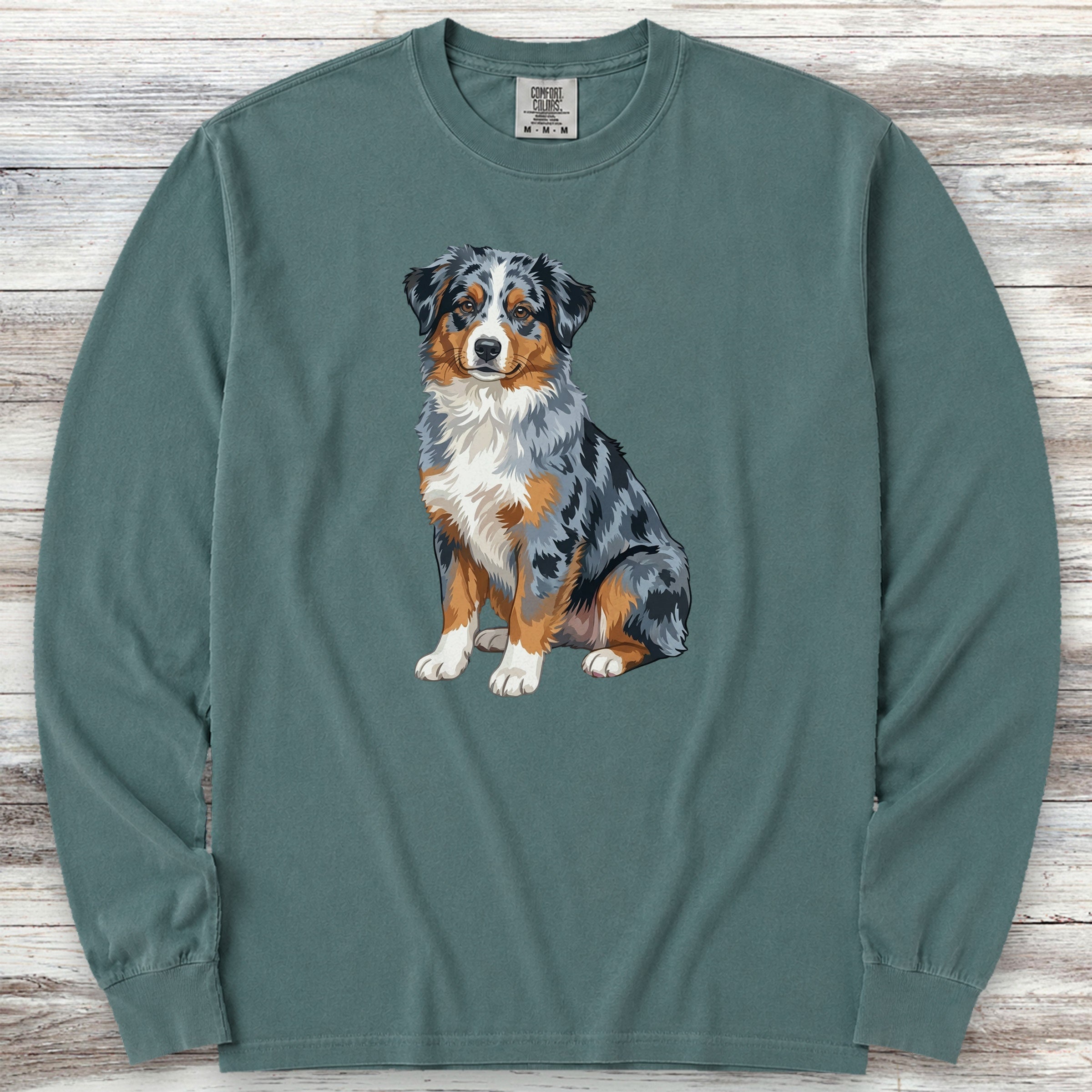 Australian Shepherd Merle Watercolor Long Sleeve Tee - Blue Spruce