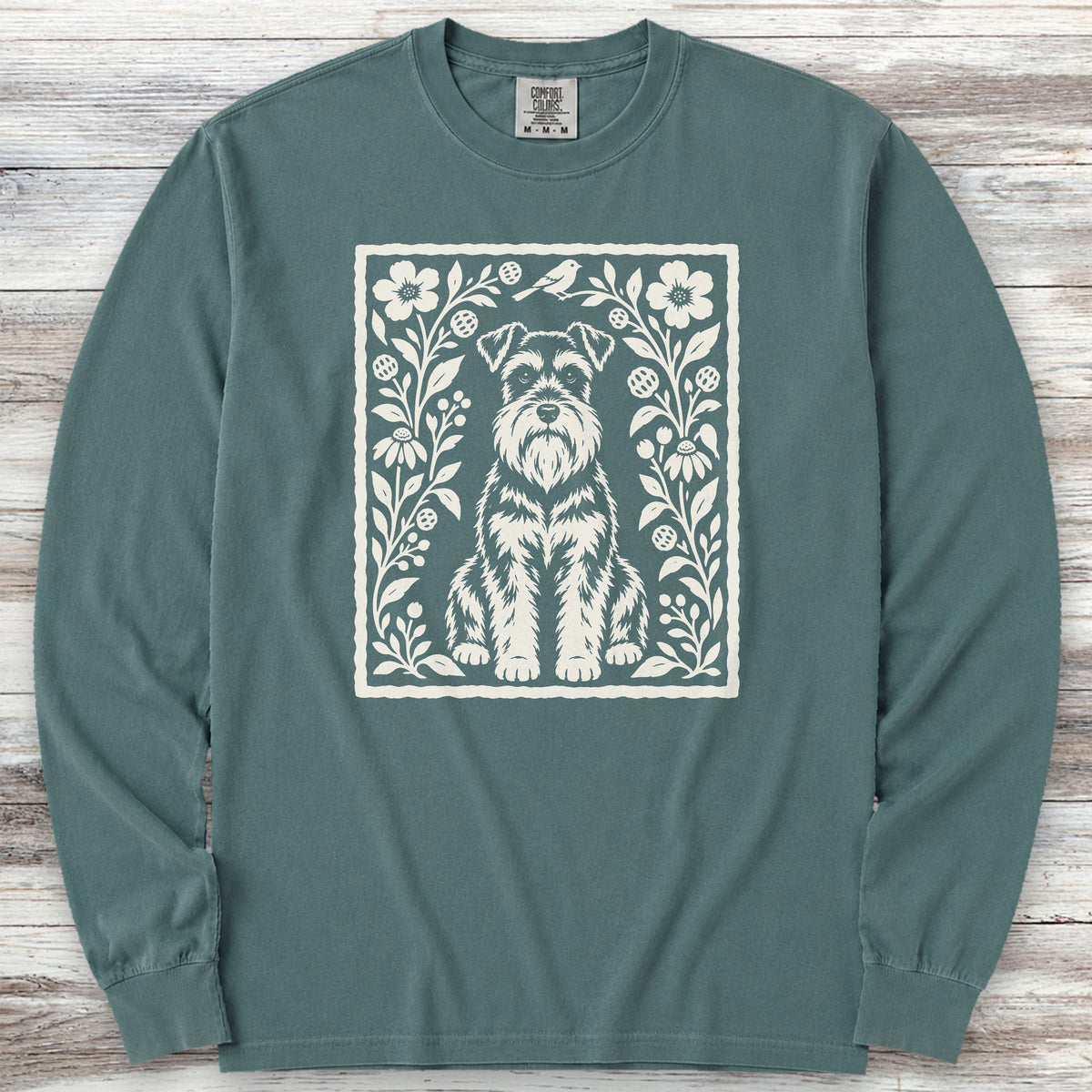 Schnauzer Folk Art Floral Long Sleeve Tee - Blue Spruce