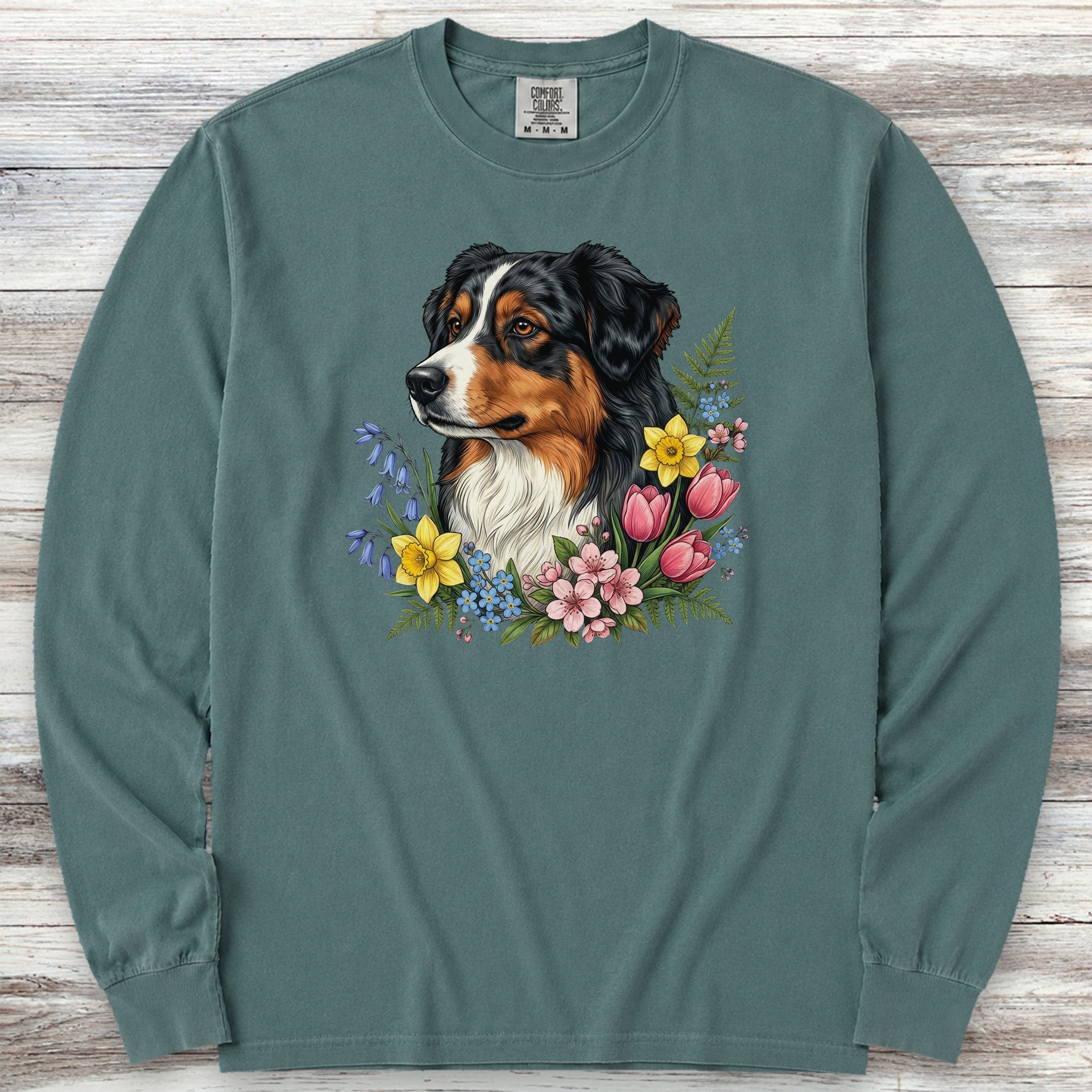 Australian Shepherd Tri Portrait Long Sleeve Tee - Blue Spruce