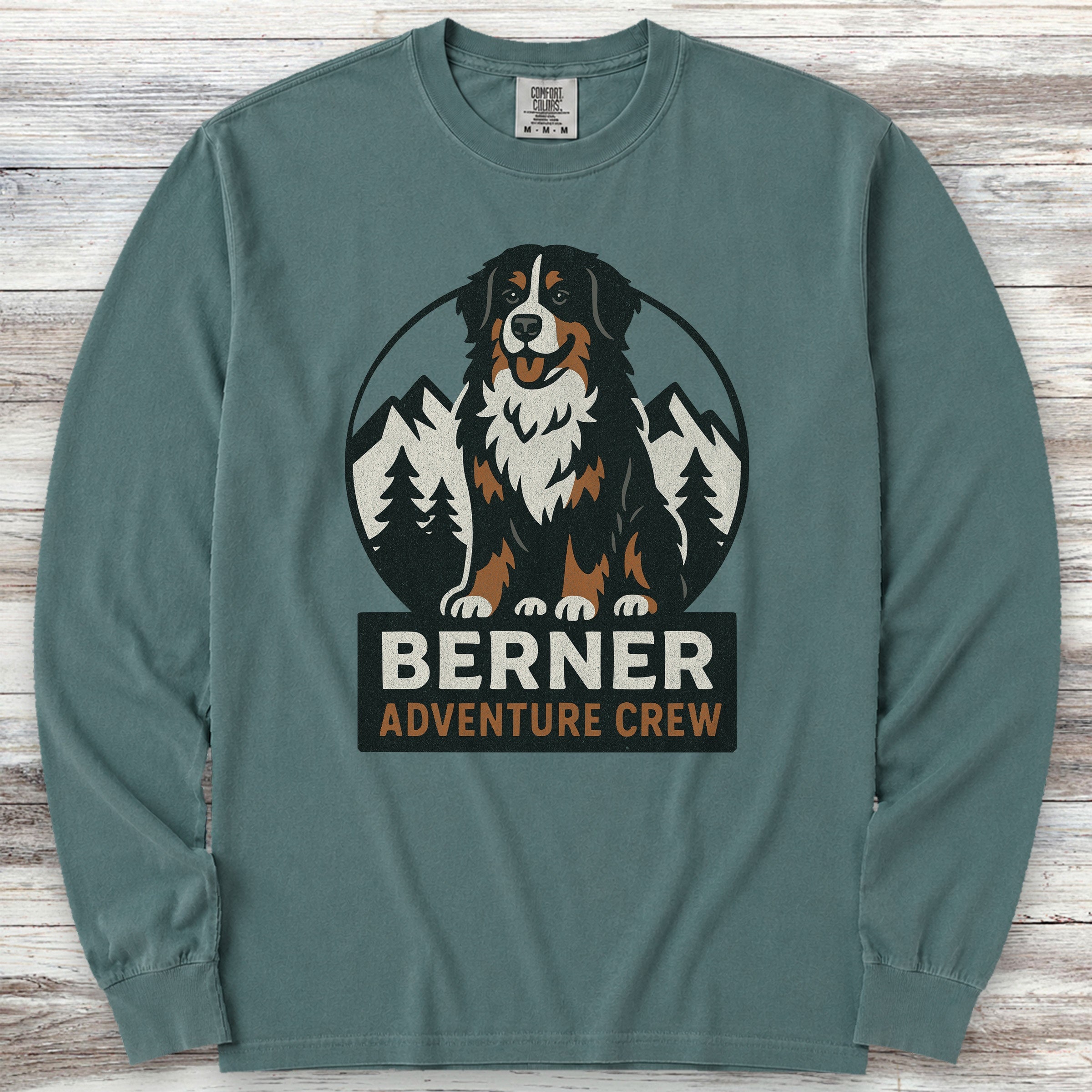 Bernese Mountain Dog Adventure Crew Long Sleeve Tee - Blue Spruce
