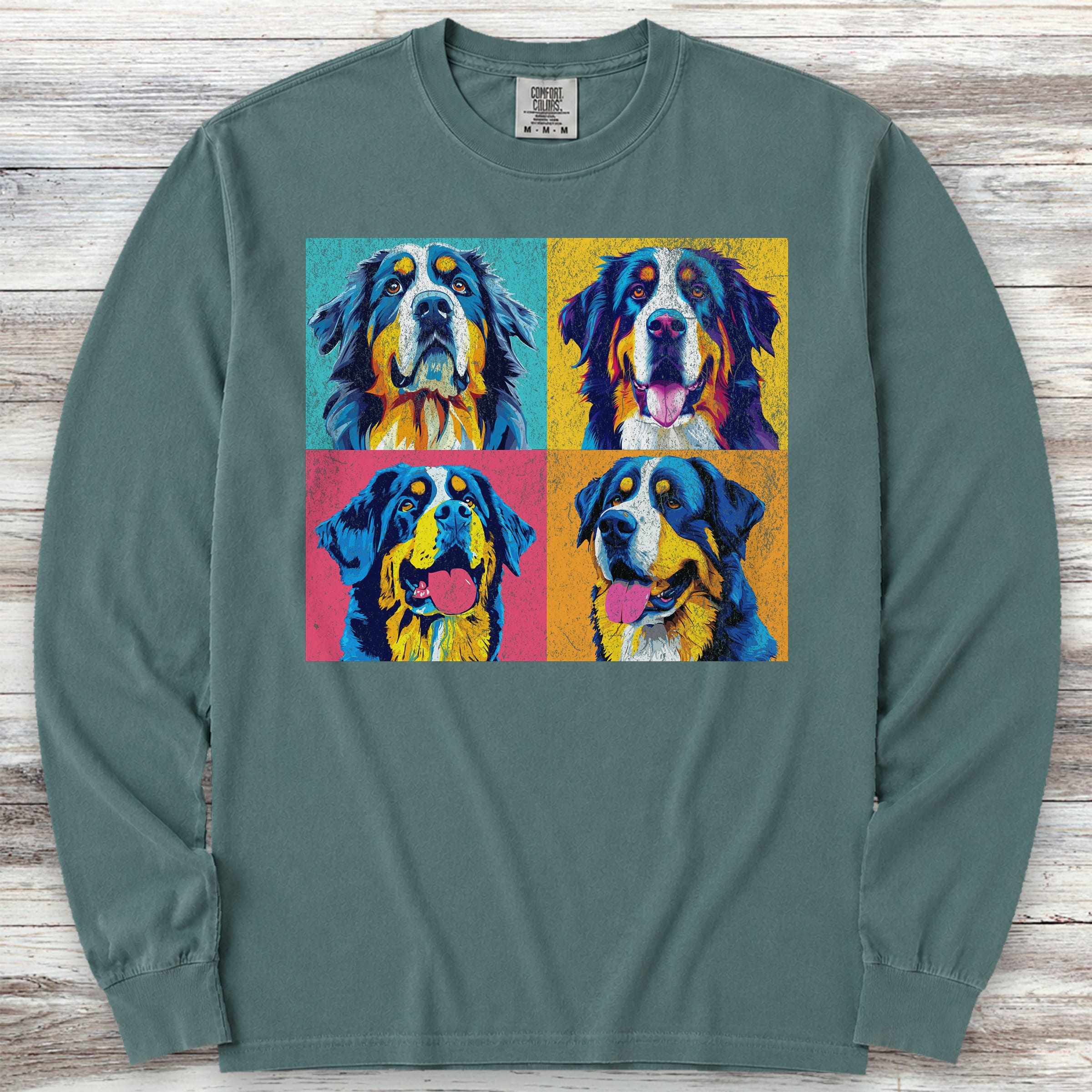 Bernese Mountain Dog Pop Art Long Sleeve Tee - Blue Spruce