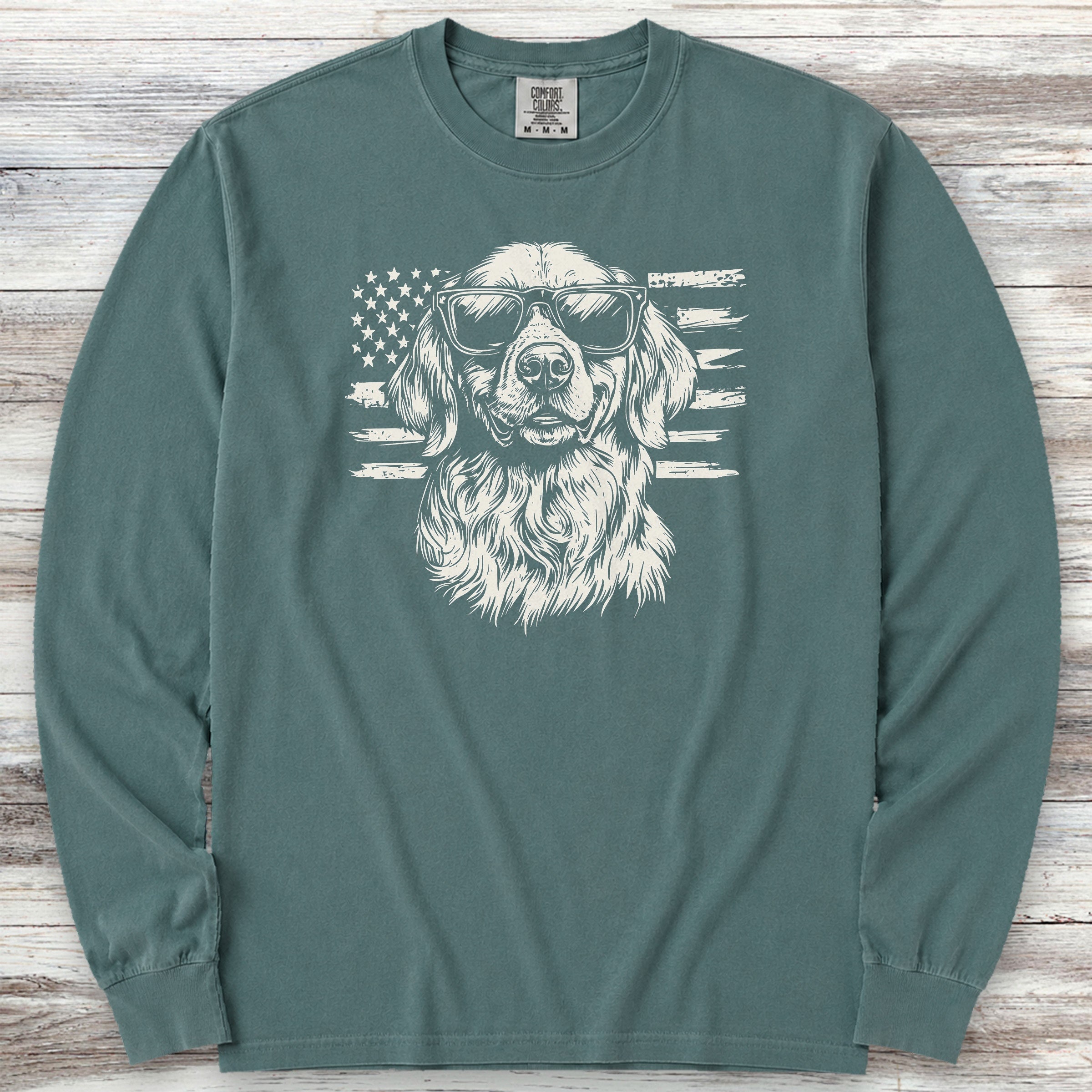 Golden Retriever Flag Long Sleeve Tee - Blue Spruce