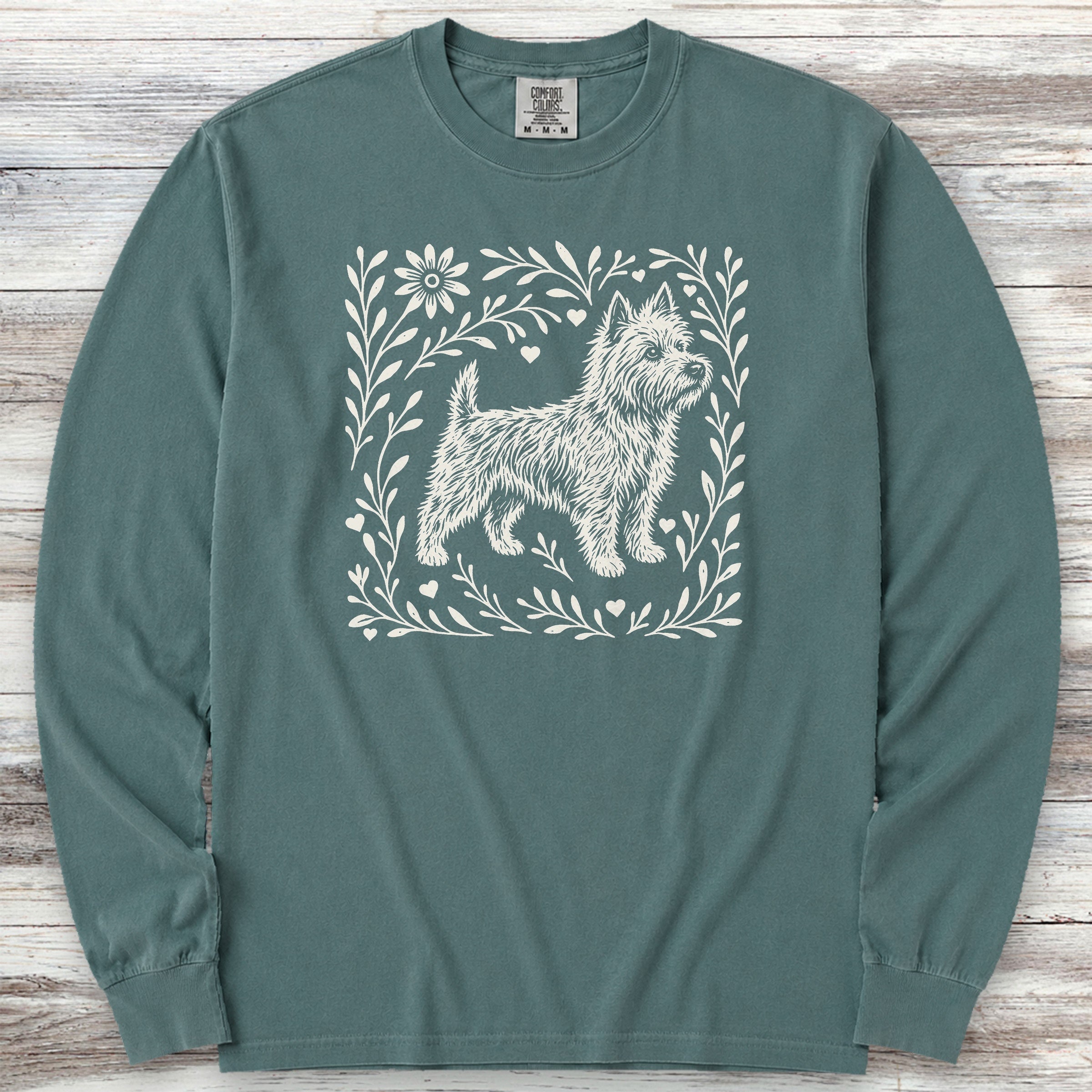 Cairn Terrier Linocut Long Sleeve Tee - Blue Spruce