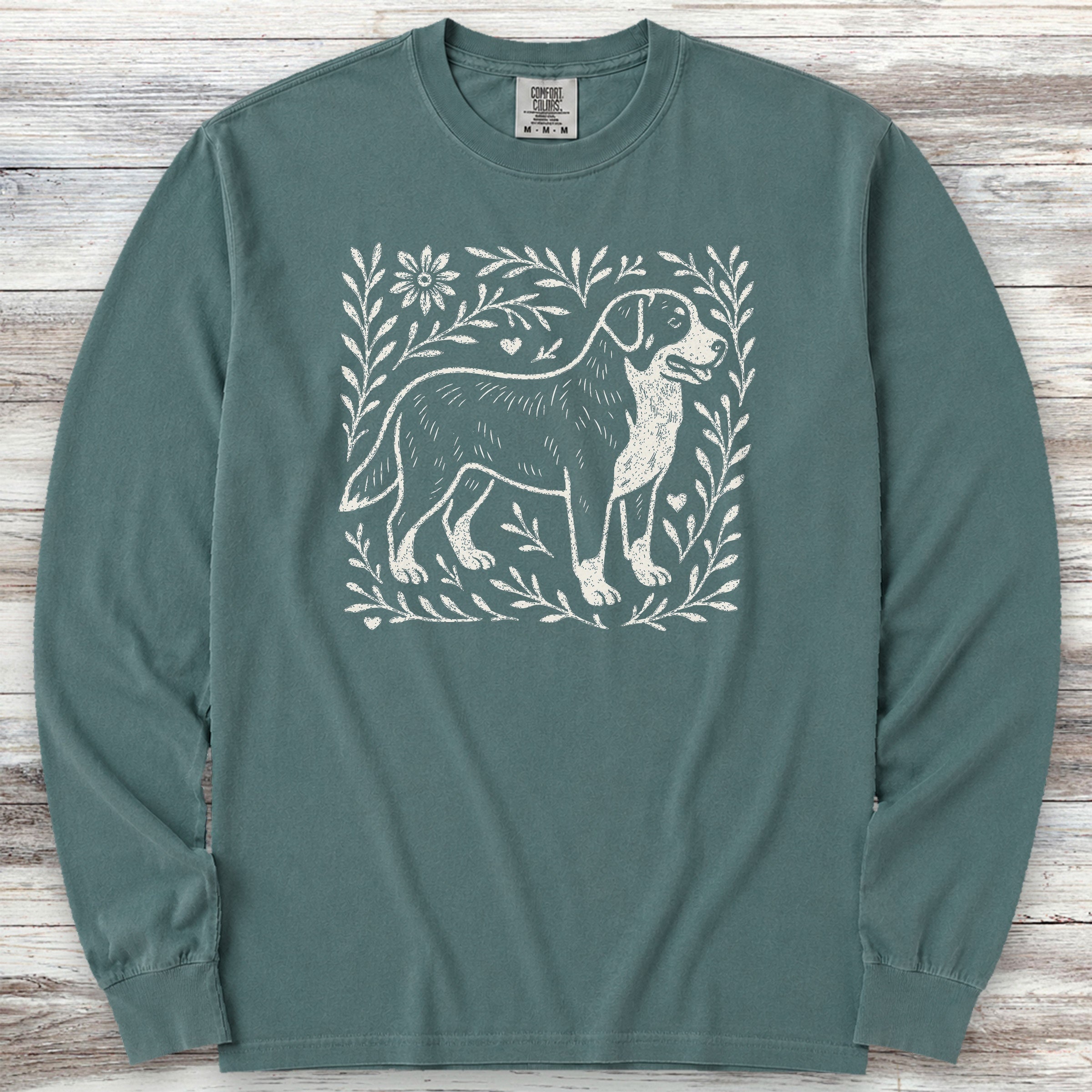 Swiss Mountain Dog Linocut Long Sleeve Tee - Blue Spruce