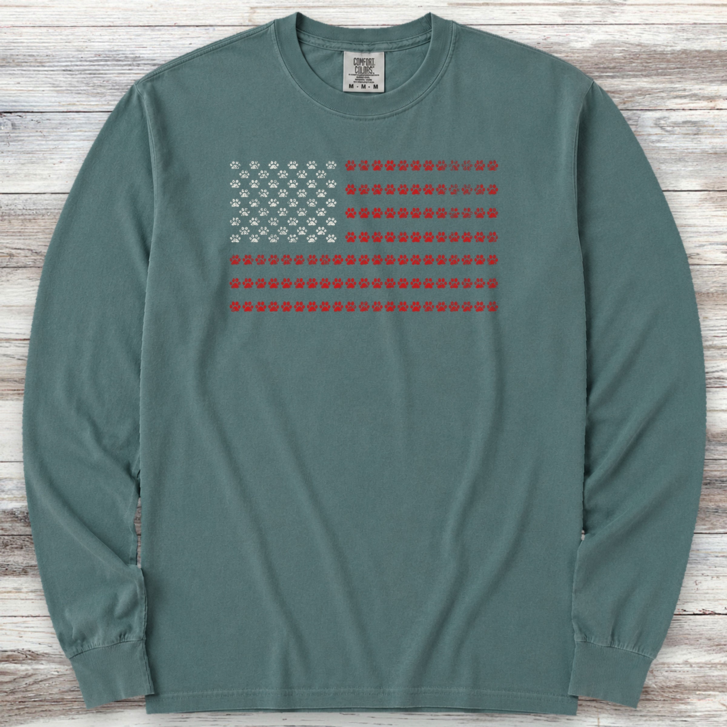 Vintage Red White & Paws Flag Long Sleeve Tee - Blue Spruce