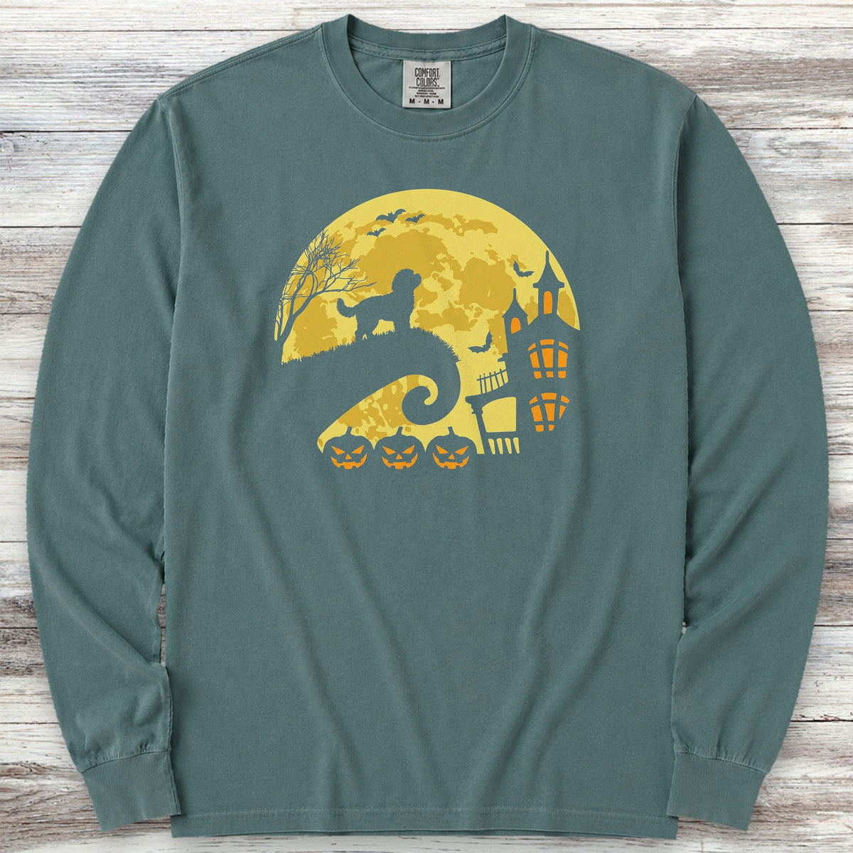 Cavapoo Halloween Moon Long Sleeve Tee - Blue Spruce