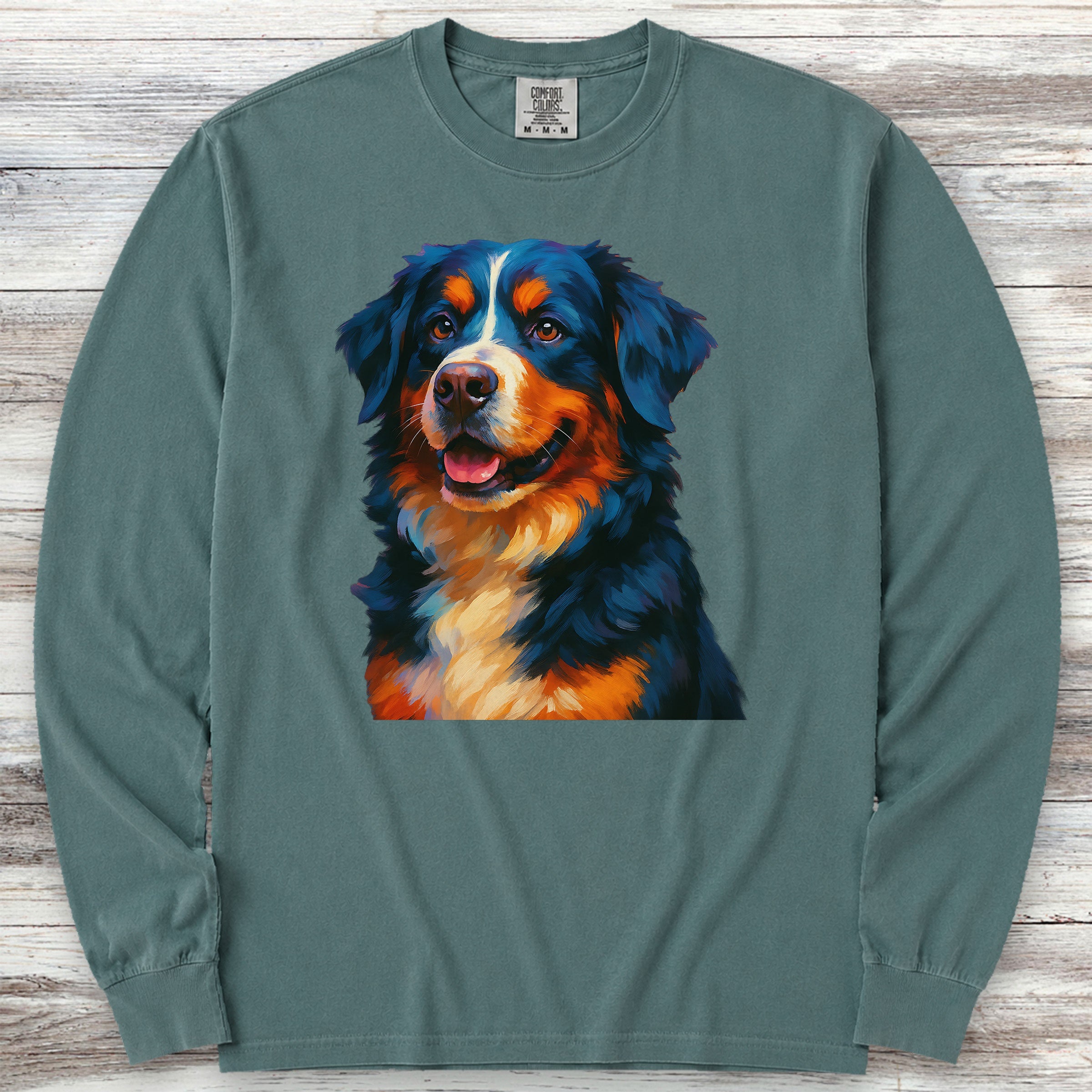Bernese Mountain Dog Oil Painting Long Sleeve Tee - Blue Spruce