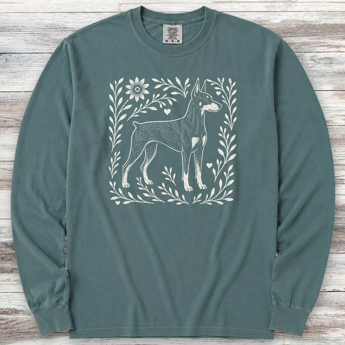 Doberman Linocut Long Sleeve Tee - Blue Spruce