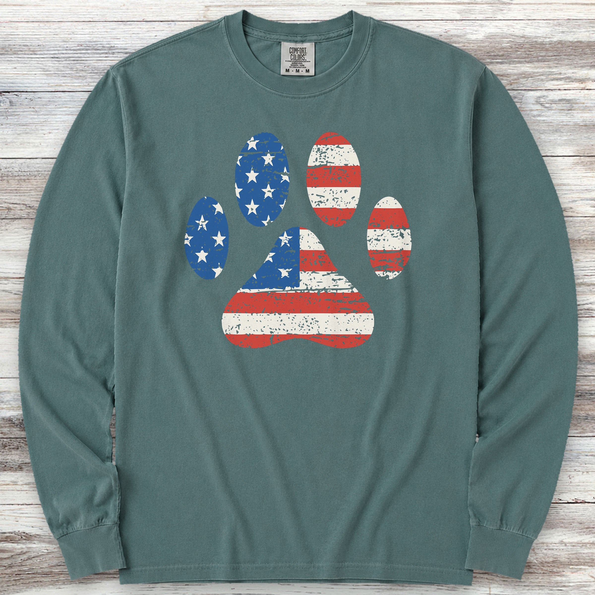 Stars & Stripes Paw Print Long Sleeve Tee - Blue Spruce