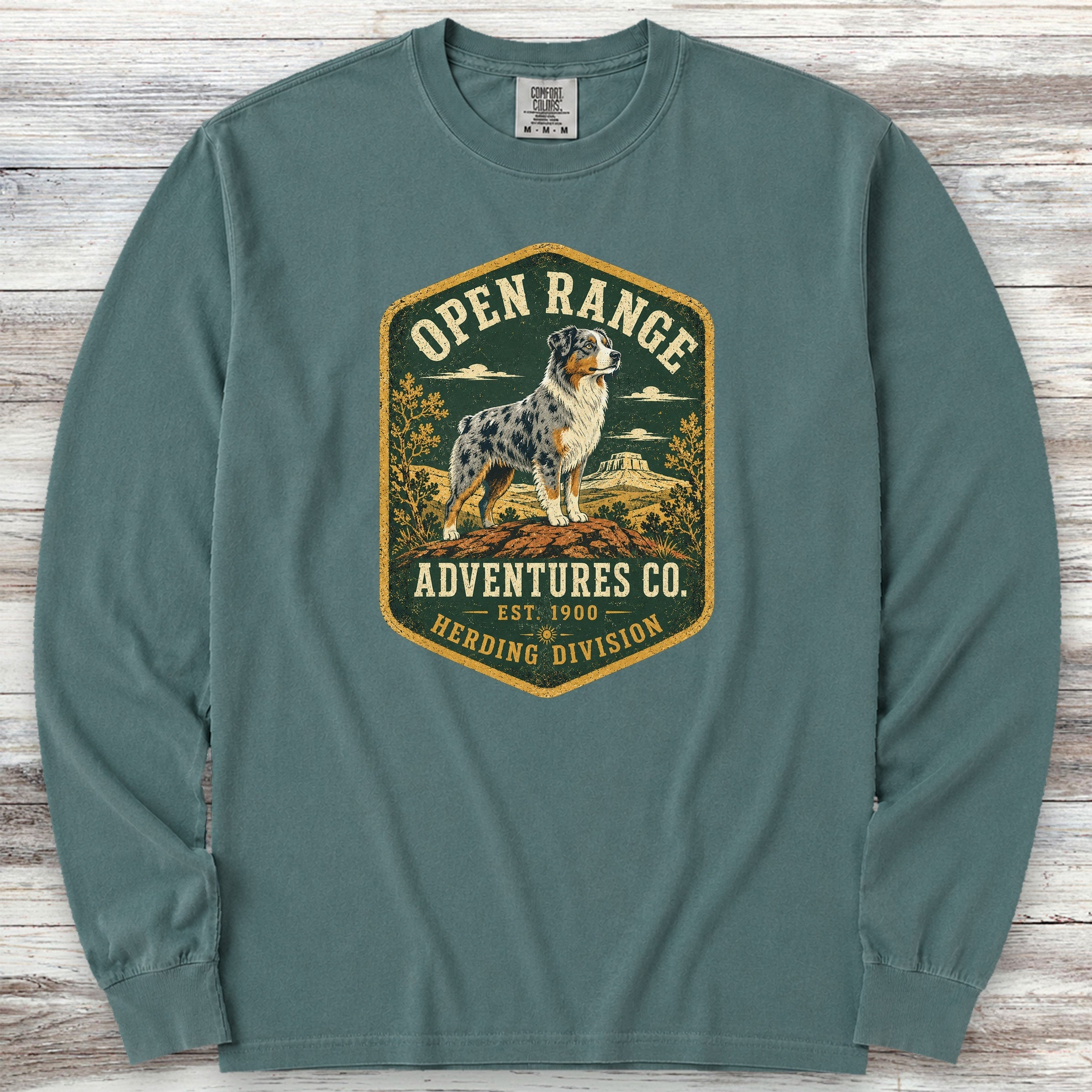 Australian Shepherd Adventures Long Sleeve Tee - Blue Spruce