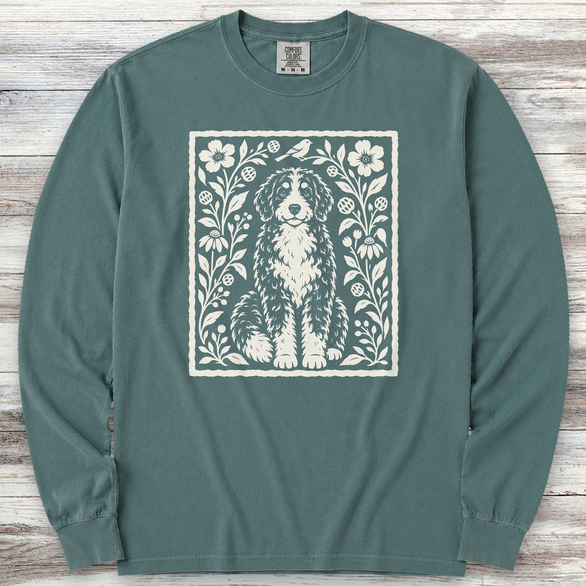 Bernedoodle Folk Art Floral Long Sleeve Tee - Blue Spruce