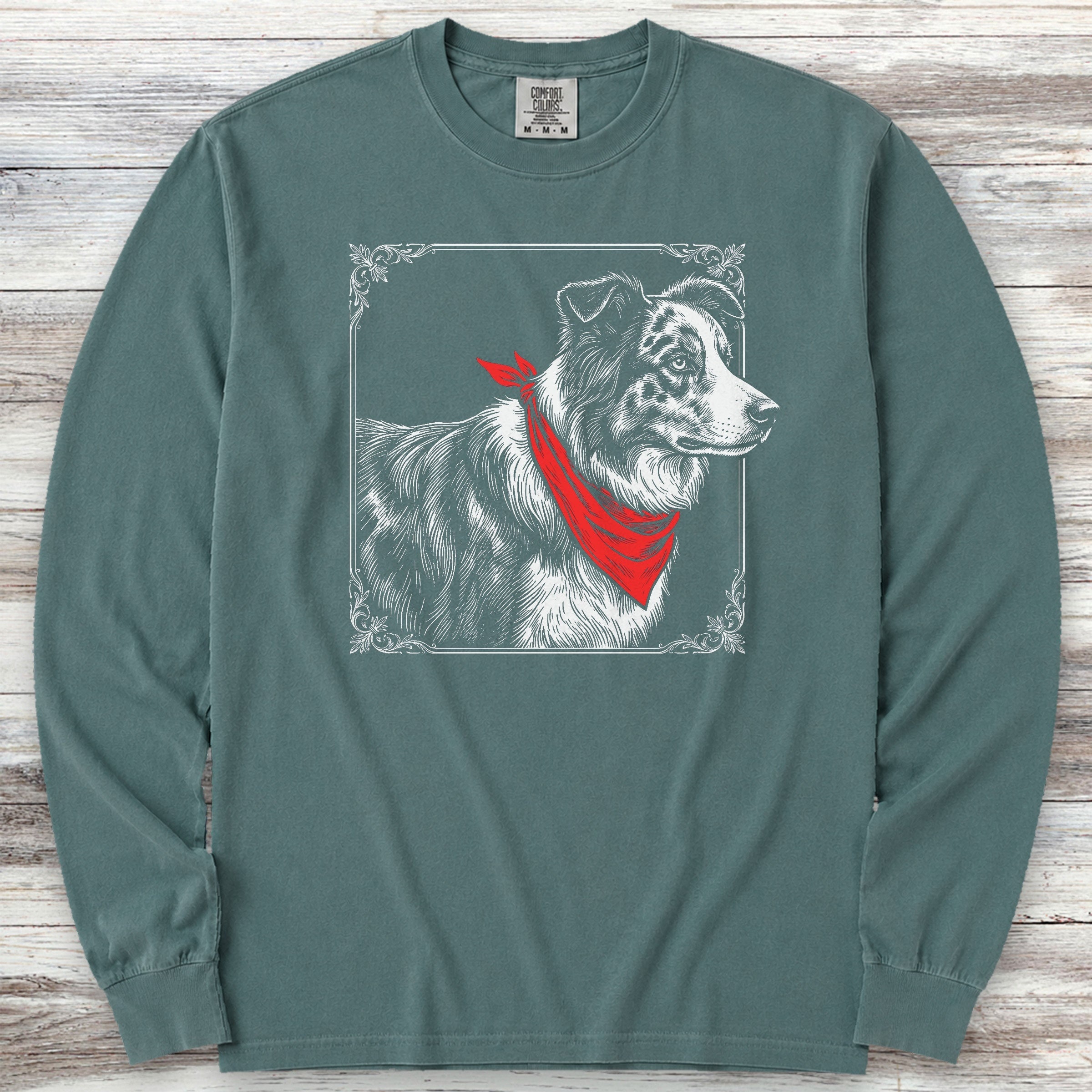 Australian Shepherd Etching Long Sleeve Tee - Blue Spruce