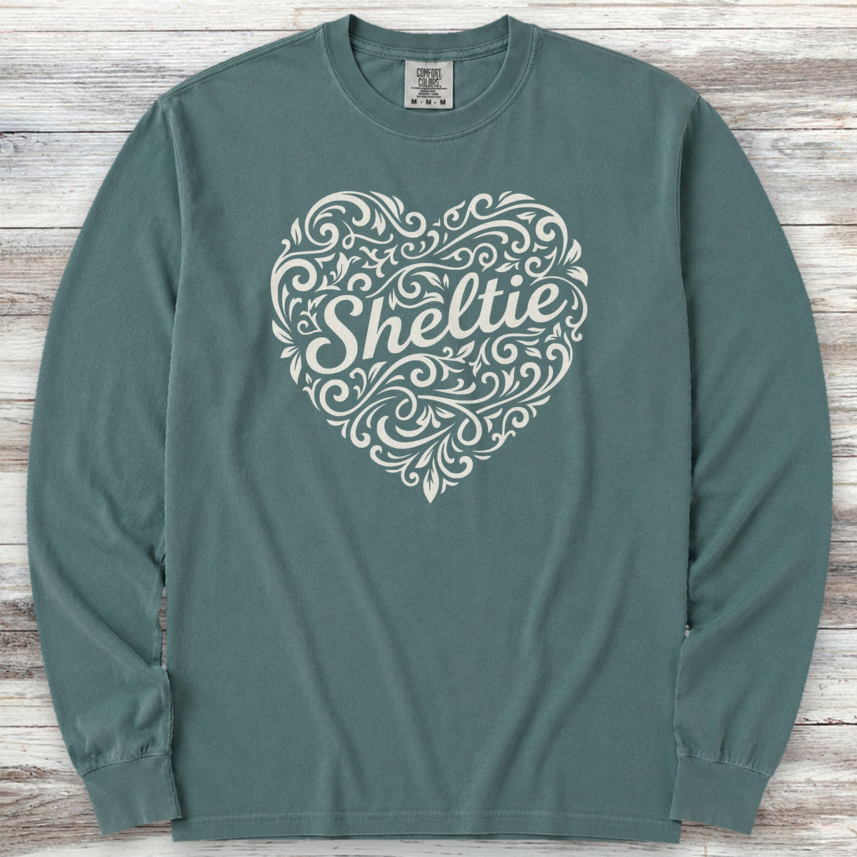 Shetland Sheepdog Heart Script Long Sleeve Tee - Blue Spruce