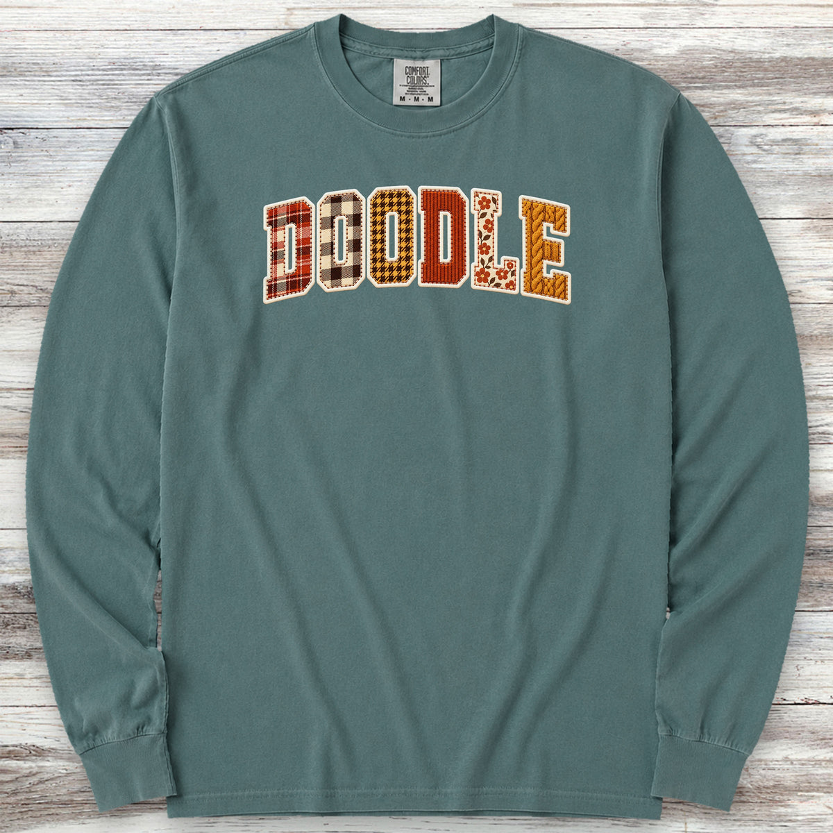 Doodle Fall Faux Patchwork Long Sleeve Tee - Blue Spruce