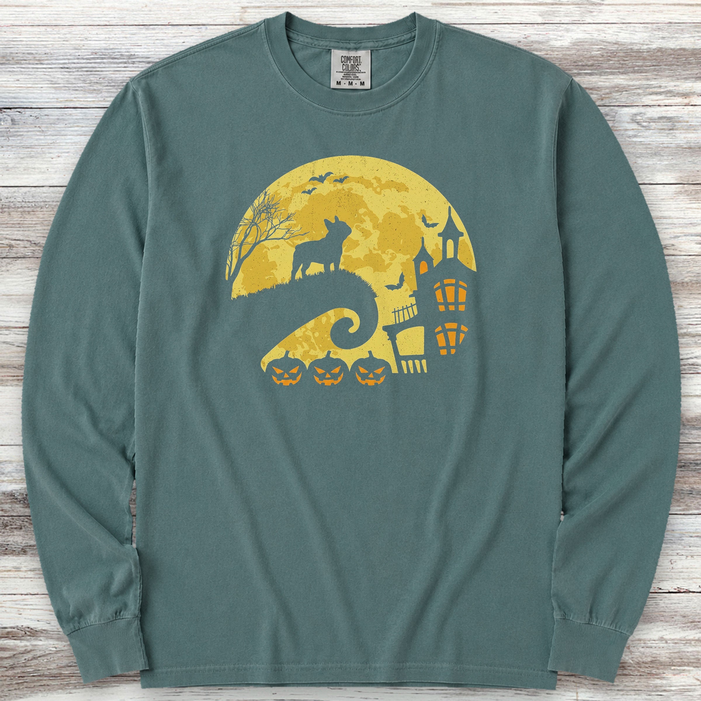 French Bulldog Halloween Moon Long Sleeve Tee - Blue Spruce