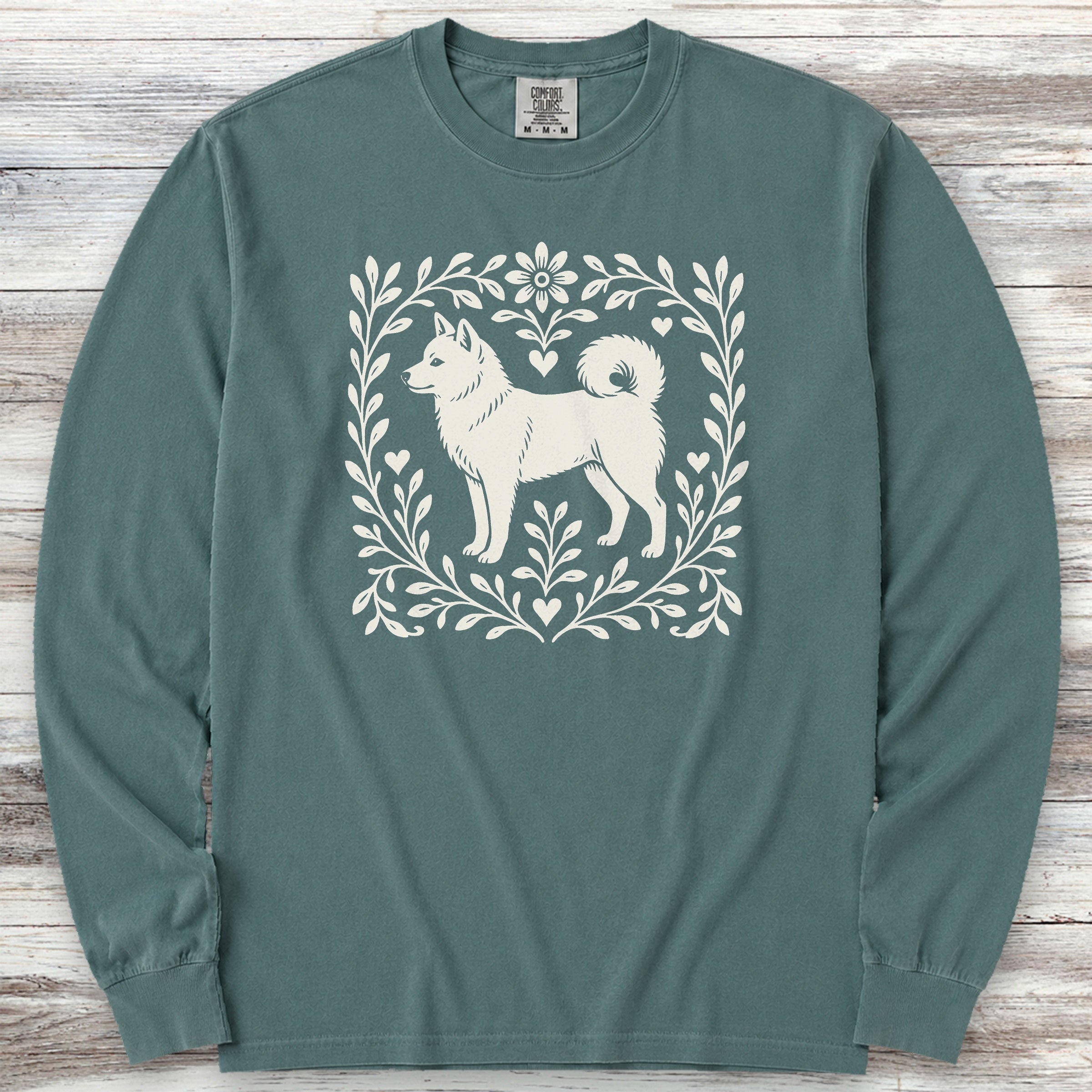 Shiba Inu Linocut Long Sleeve Tee - Blue Spruce