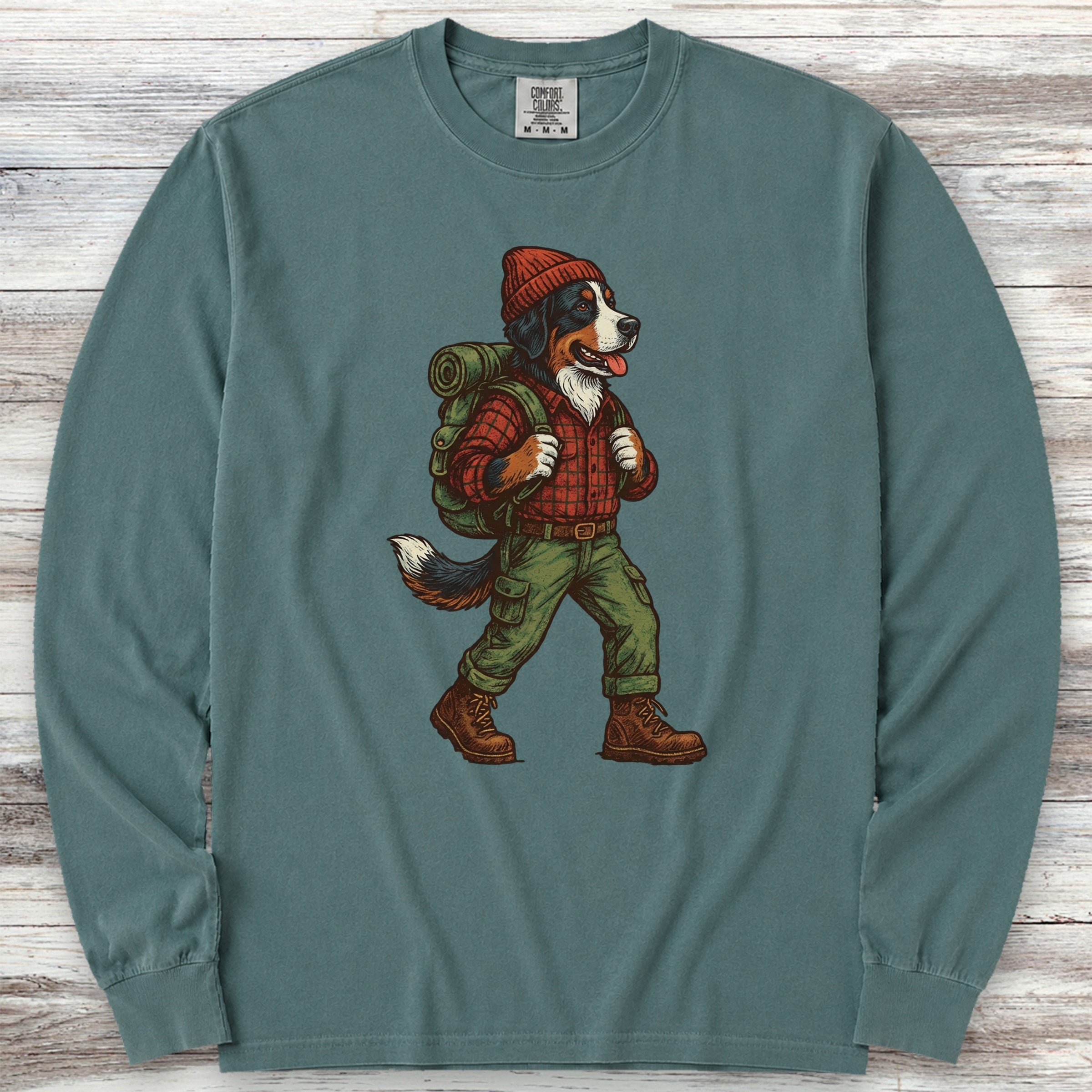 Bernese Mountain Dog Hiking Long Sleeve Tee - Blue Spruce