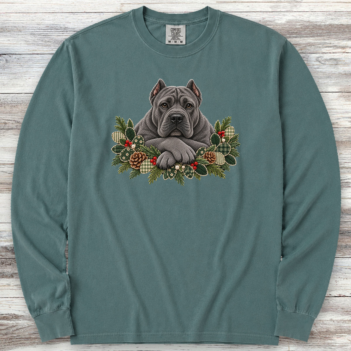 Cane Corso Gray Winter Greenery Faux Embroidery Long Sleeve Tee - Blue Spruce