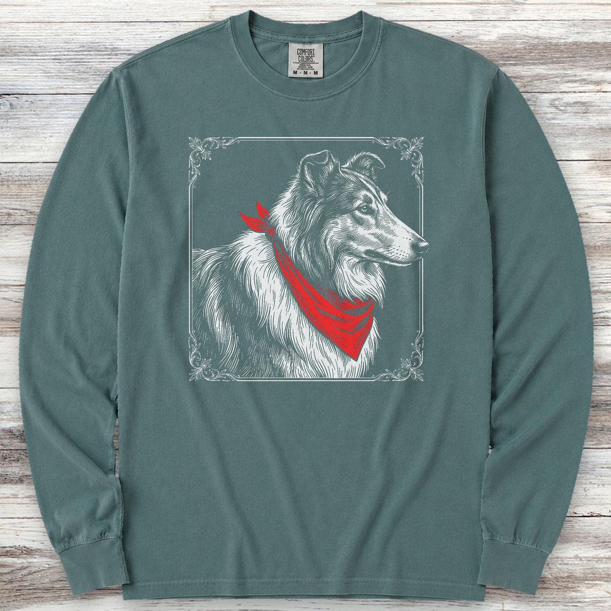 Rough Collie Etching Long Sleeve Tee - Blue Spruce