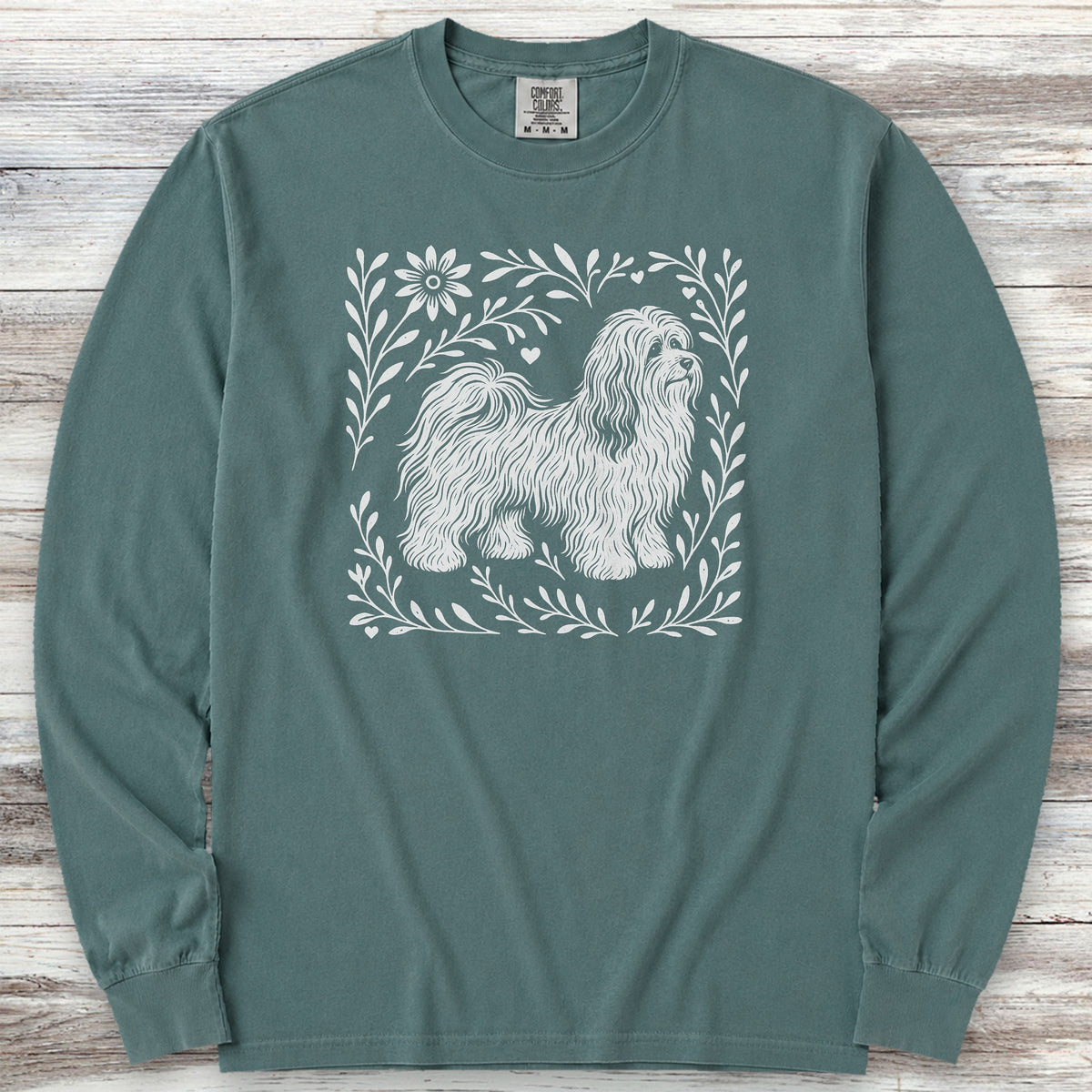 Havanese Linocut Long Sleeve Tee - Blue Spruce