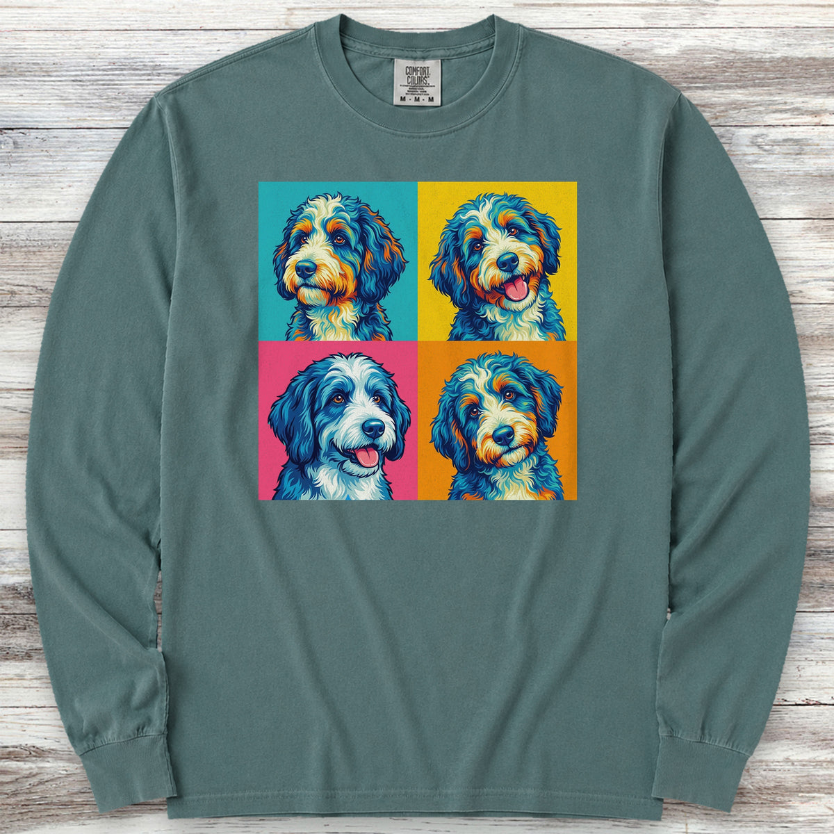 Bernedoodle Pop Art Long Sleeve Tee - Blue Spruce