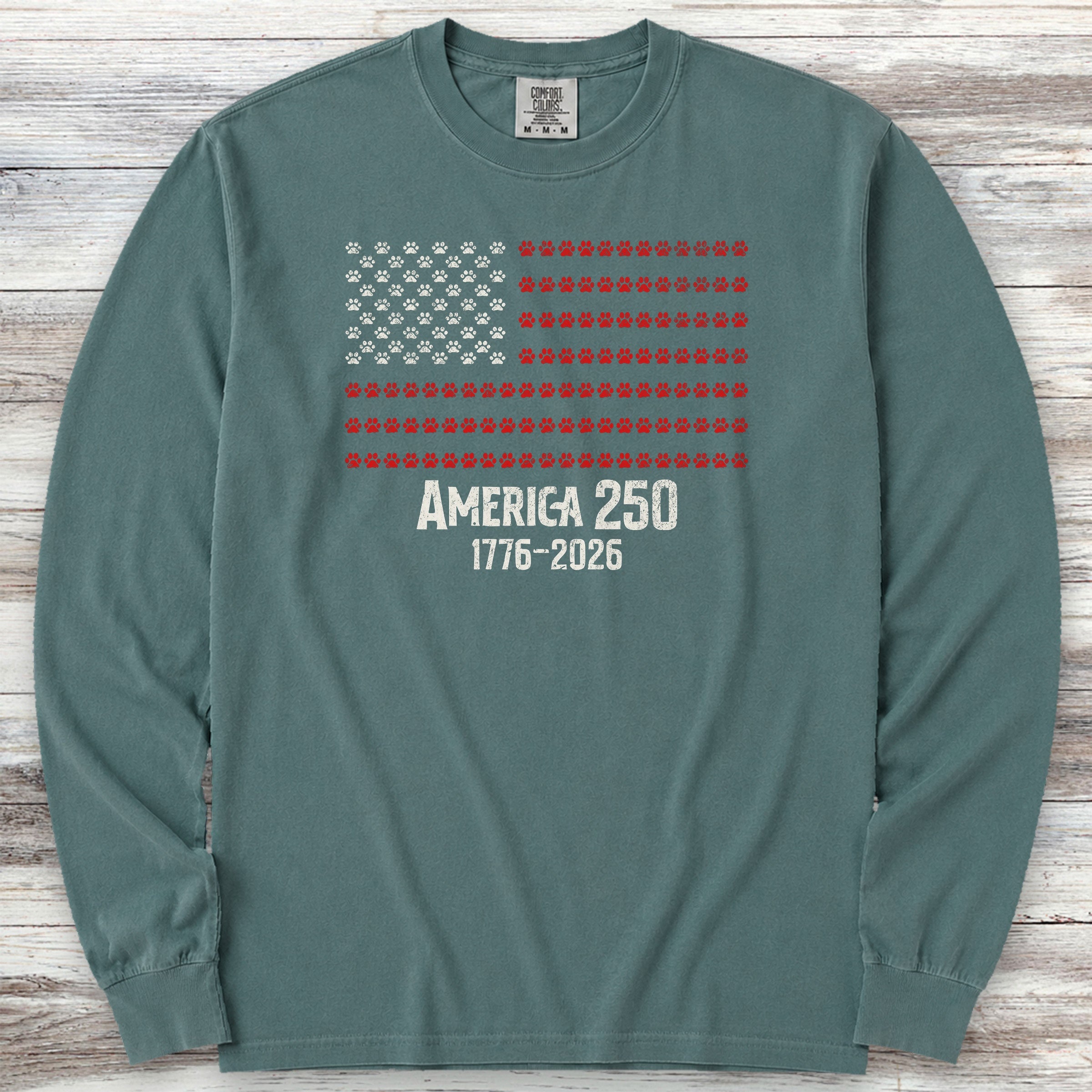 Vintage Red White & Paws 1776-2026 Long Sleeve Tee - Blue Spruce
