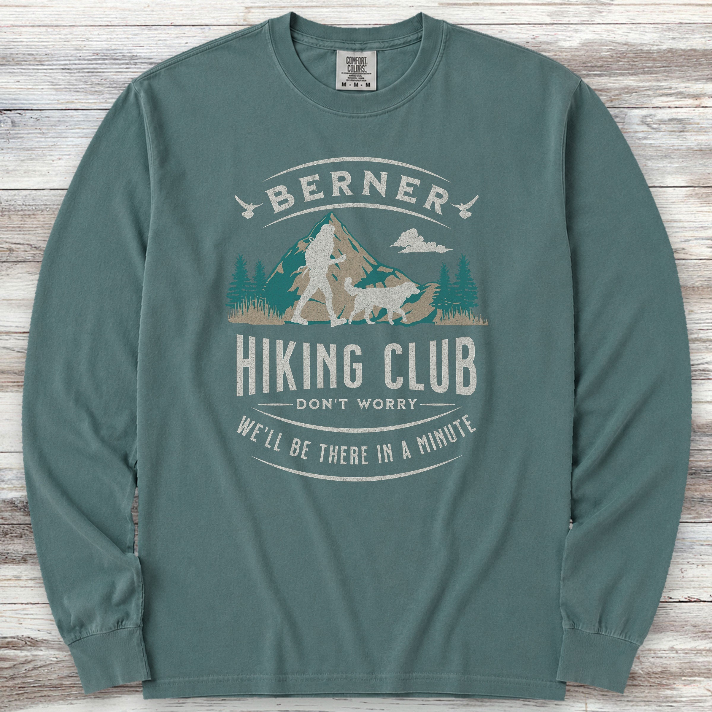 Bernese Mountain Dog Hiking Club Long Sleeve Tee - Blue Spruce