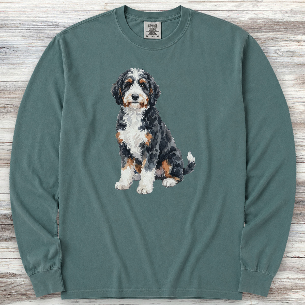 Bernedoodle Watercolor Long Sleeve Tee - Blue Spruce