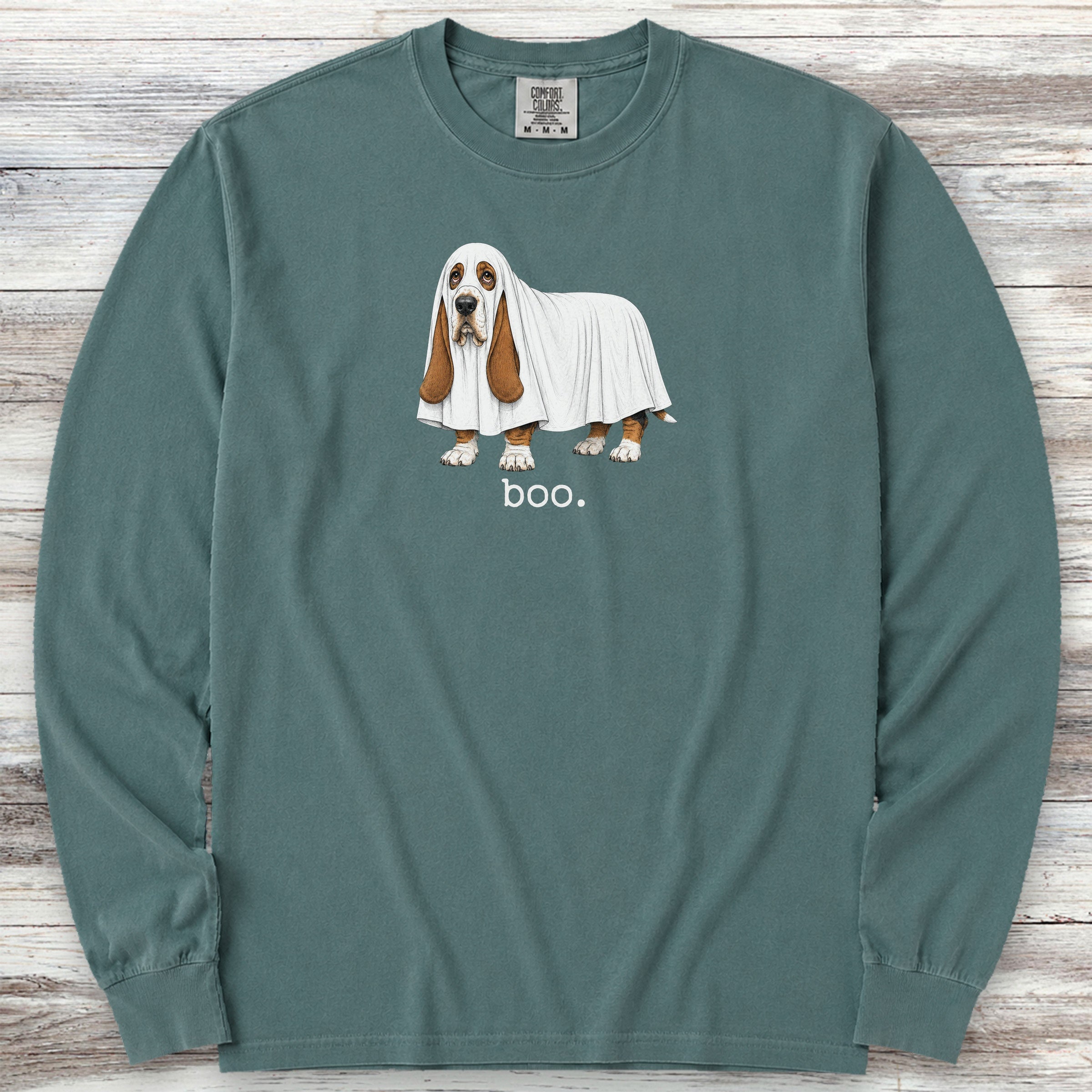 Basset Hound Boo Long Sleeve Tee - Blue Spruce