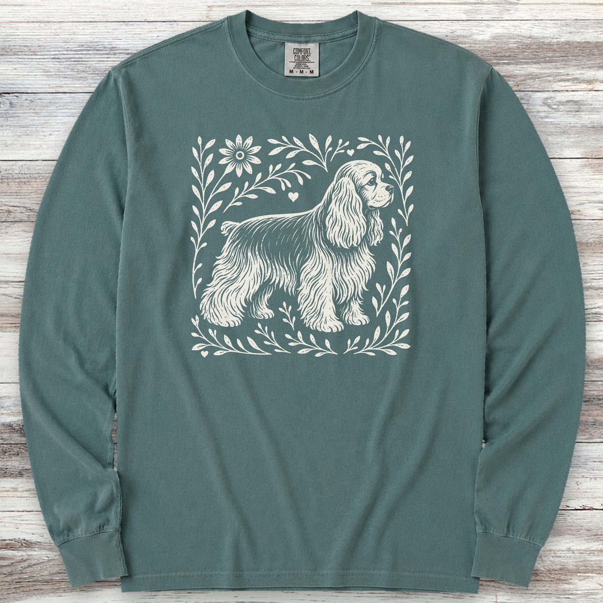 Cocker Spaniel Linocut Long Sleeve Tee - Blue Spruce