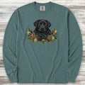 Labrador Retriever Black Winter Greenery Faux Embroidery Long Sleeve Tee - Blue Spruce