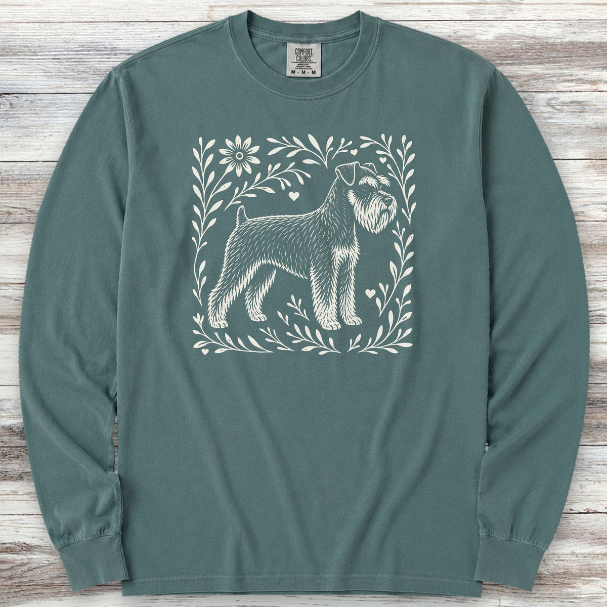 Schnauzer Linocut Long Sleeve Tee - Blue Spruce