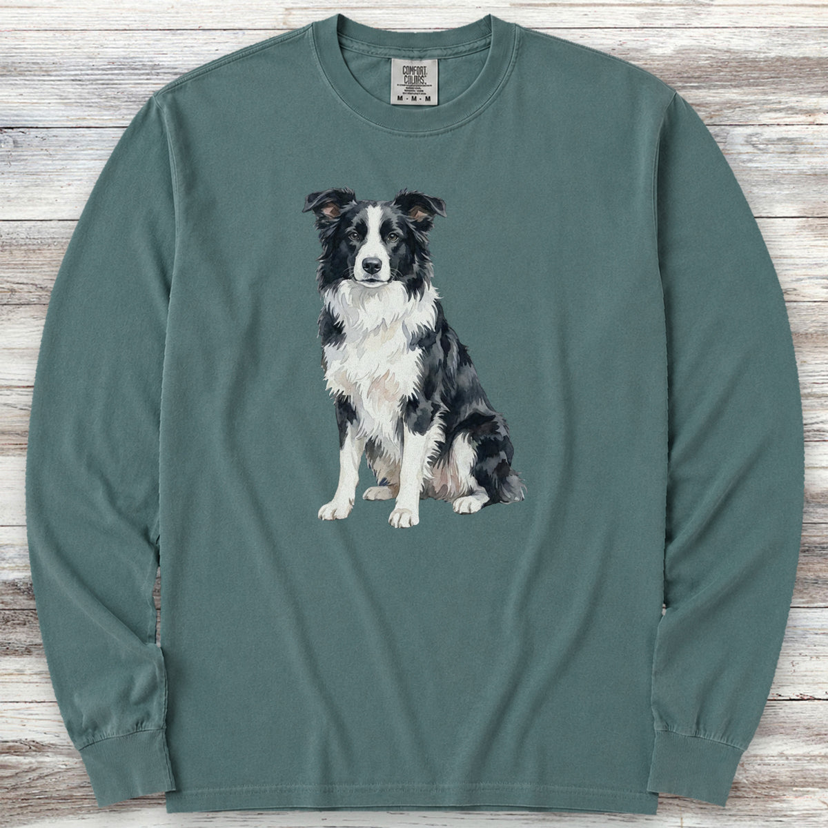 Border Collie Watercolor Long Sleeve Tee - Blue Spruce