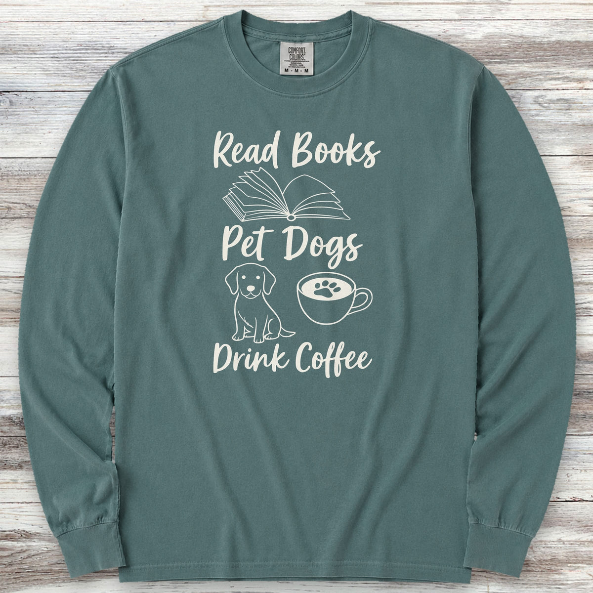 Books Dogs Coffee Long Sleeve Tee - Blue Spruce