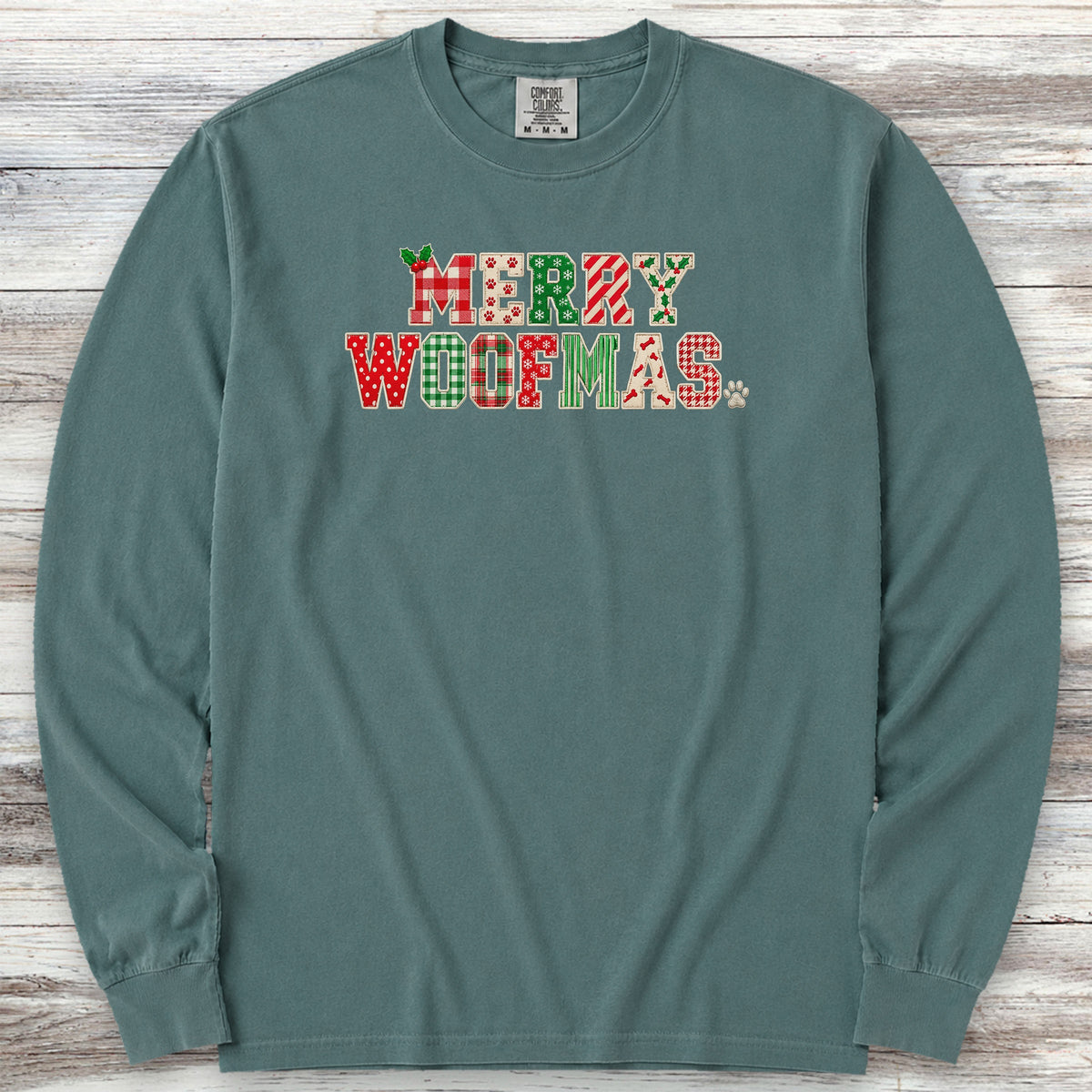 Merry Woofmas Faux Patchwork Long Sleeve Tee - Blue Spruce