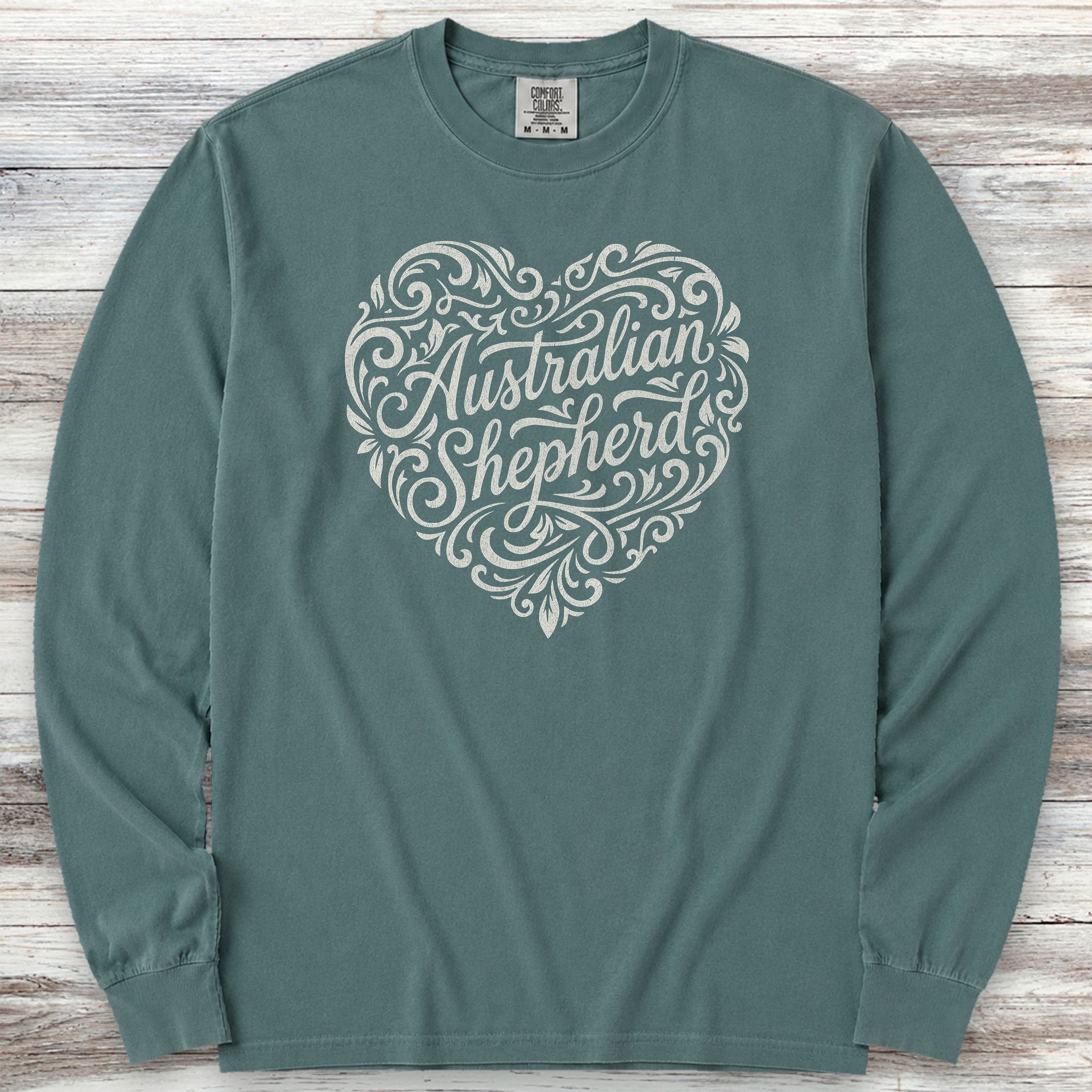 Australian Shepherd Heart Script Long Sleeve Tee - Blue Spruce