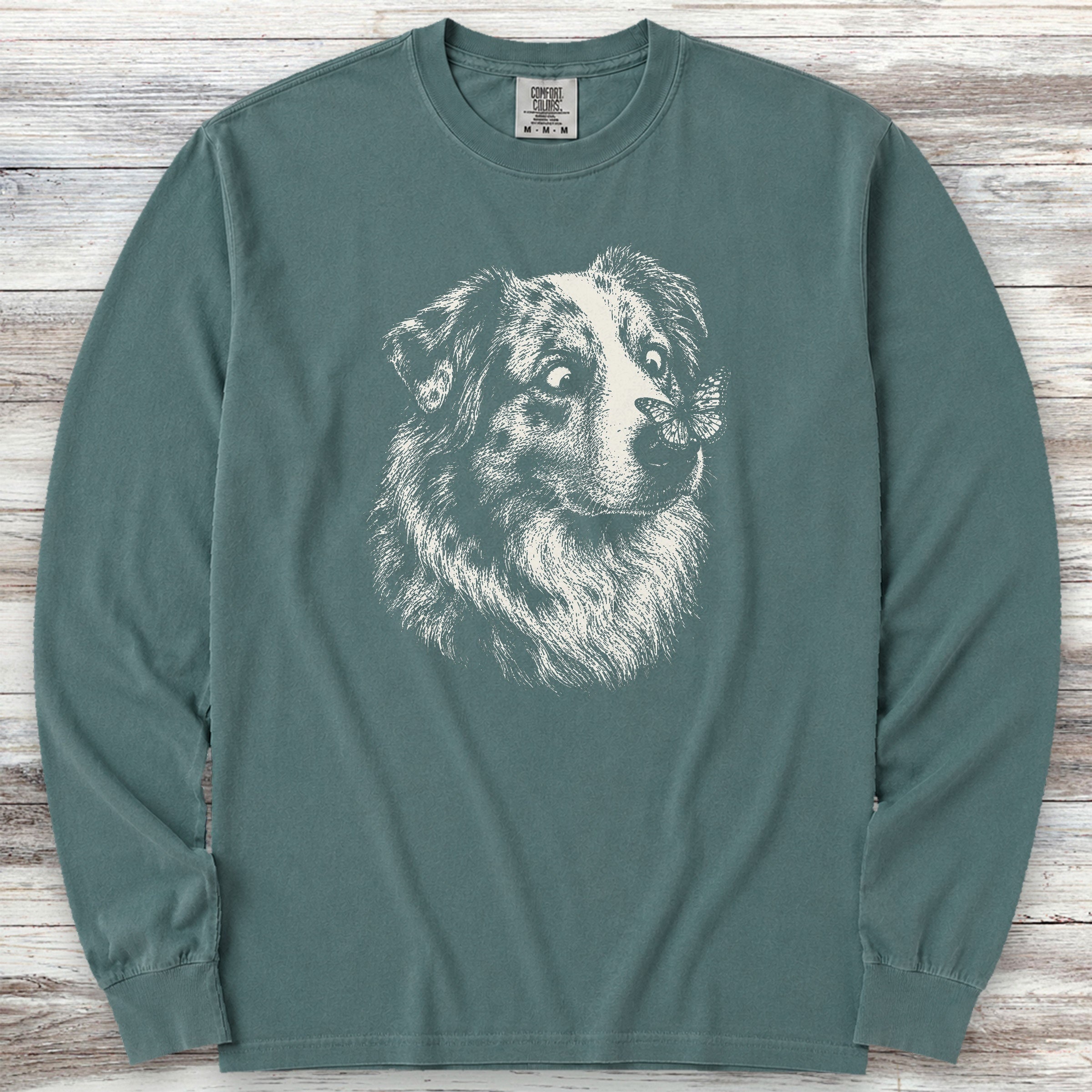 Australian Shepherd Butterfly Long Sleeve Tee - Blue Spruce