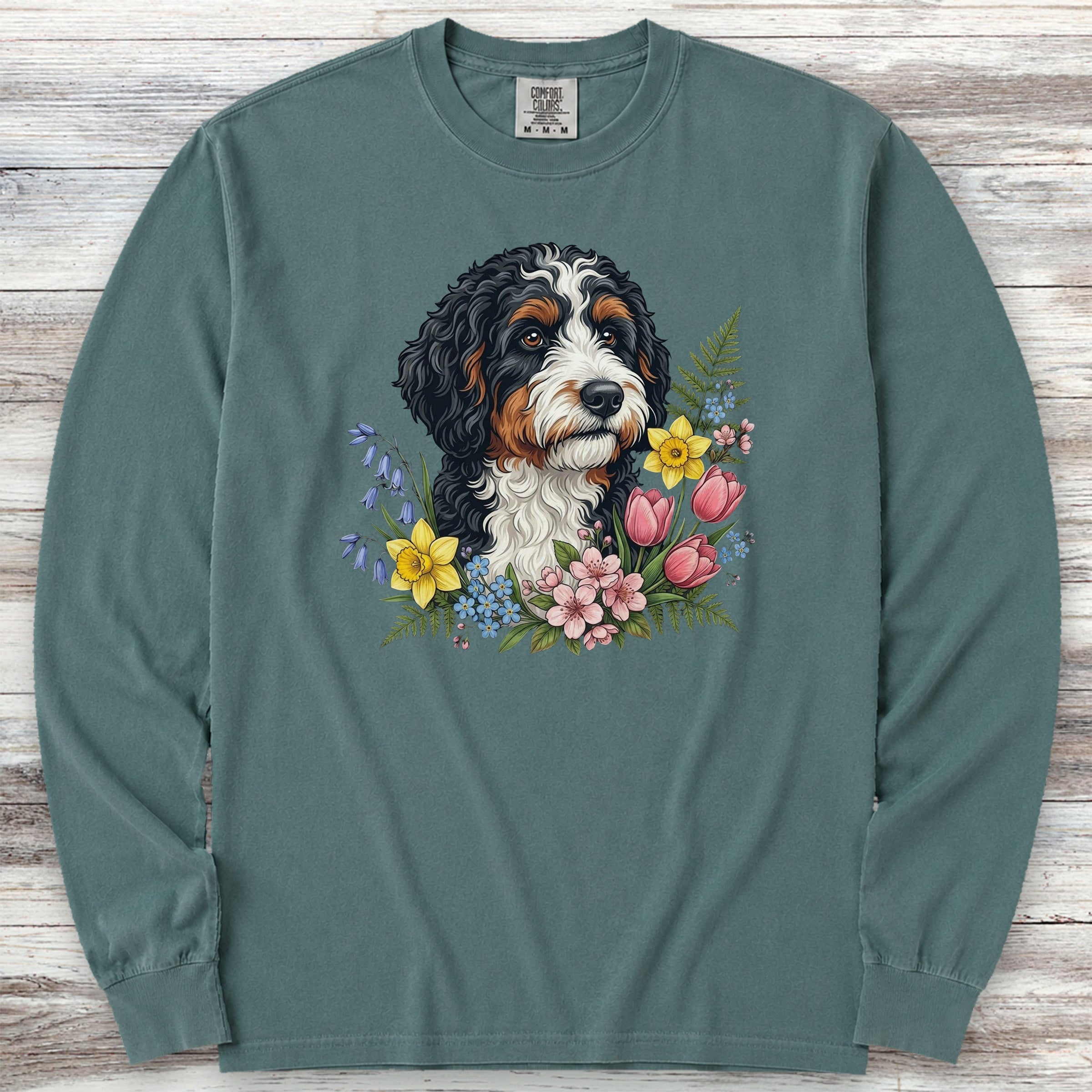 Bernedoodle Spring Portrait Long Sleeve Tee - Blue Spruce