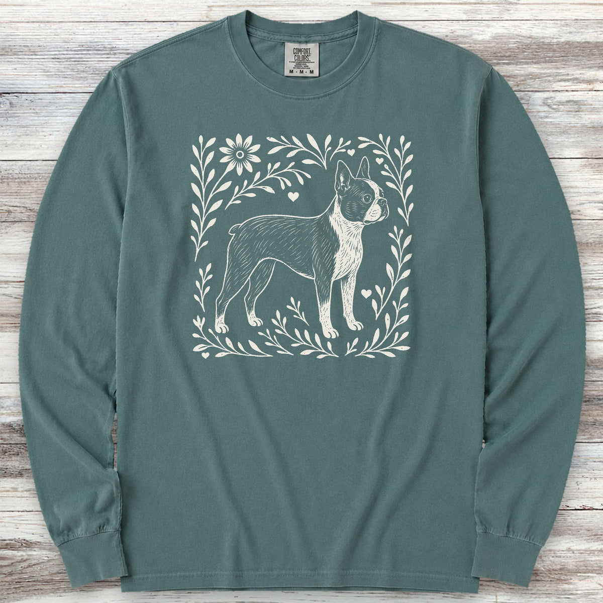 Boston Terrier Linocut Long Sleeve Tee - Blue Spruce