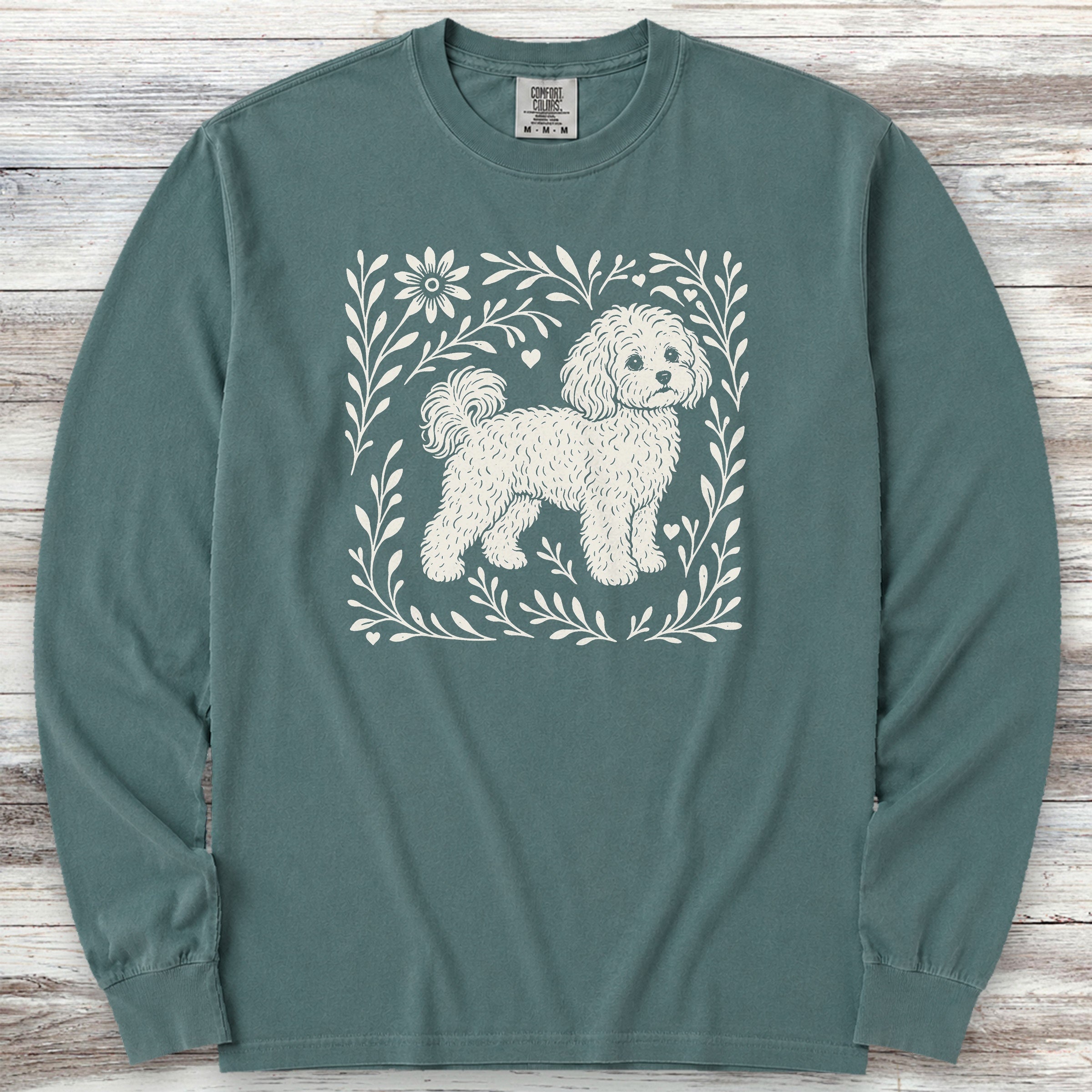 Maltipoo Linocut Long Sleeve Tee - Blue Spruce