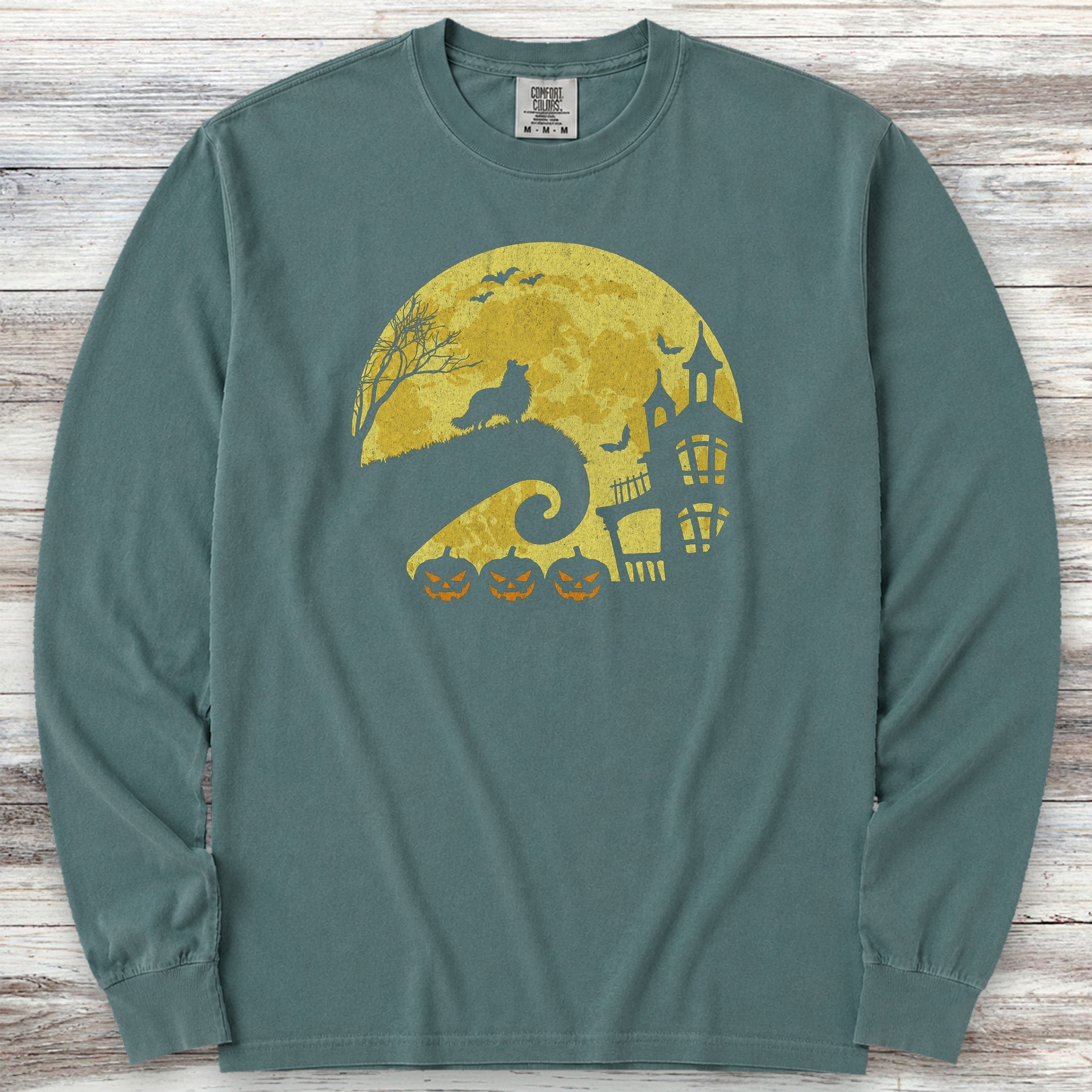 Shetland Sheepdog Halloween Moon Long Sleeve Tee - Blue Spruce