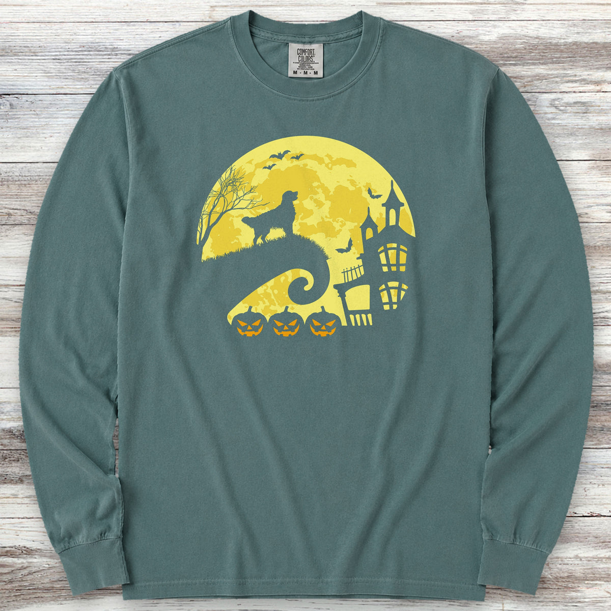 Golden Retriever Halloween Moon Long Sleeve Tee - Blue Spruce