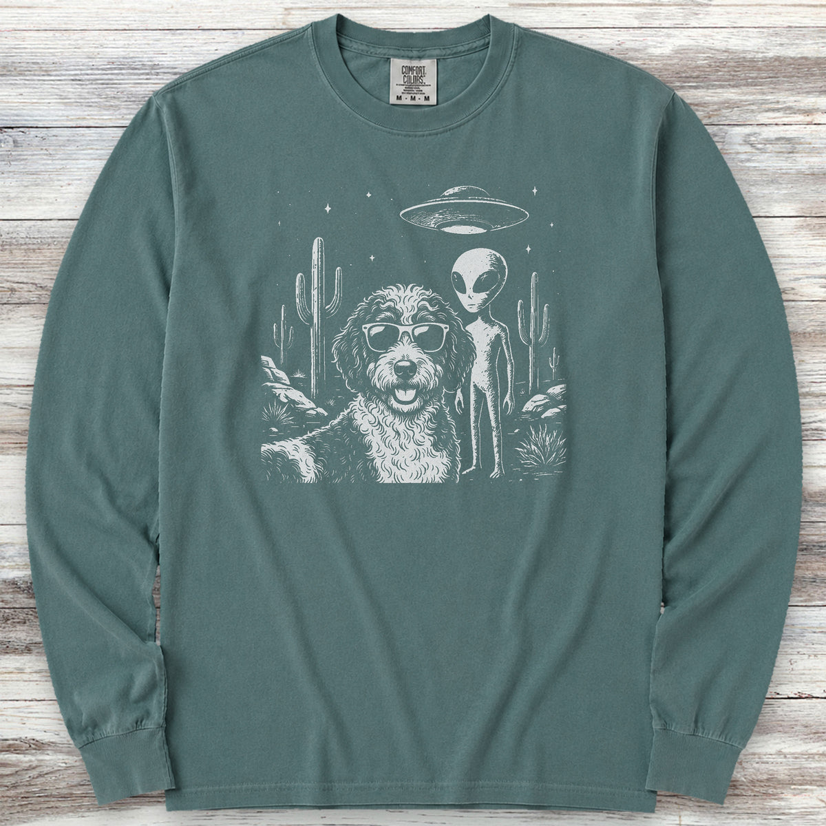 Bernedoodle Alien Selfie Long Sleeve Tee - Blue Spruce