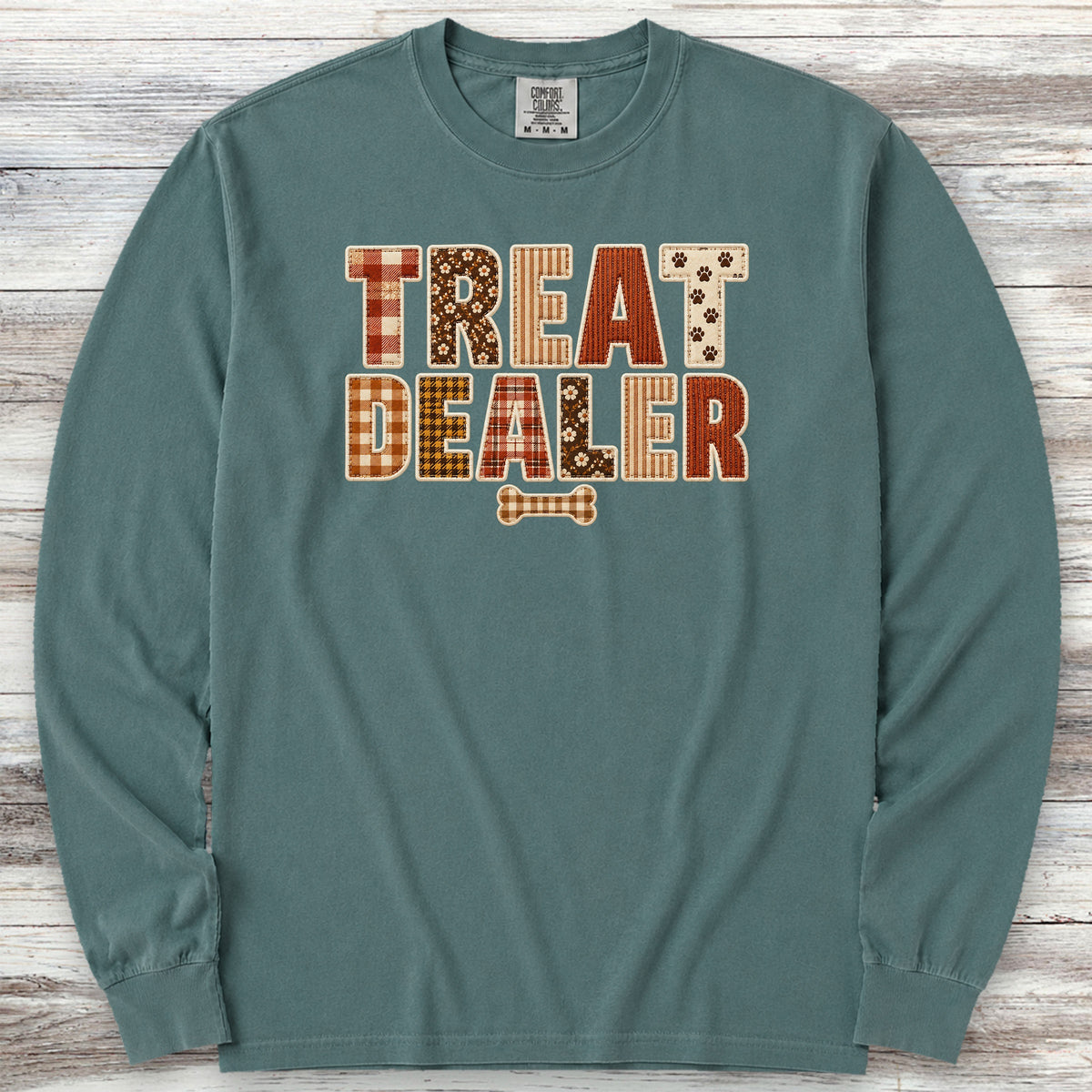 Treat Dealer Fall Faux Patchwork Long Sleeve Tee - Blue Spruce
