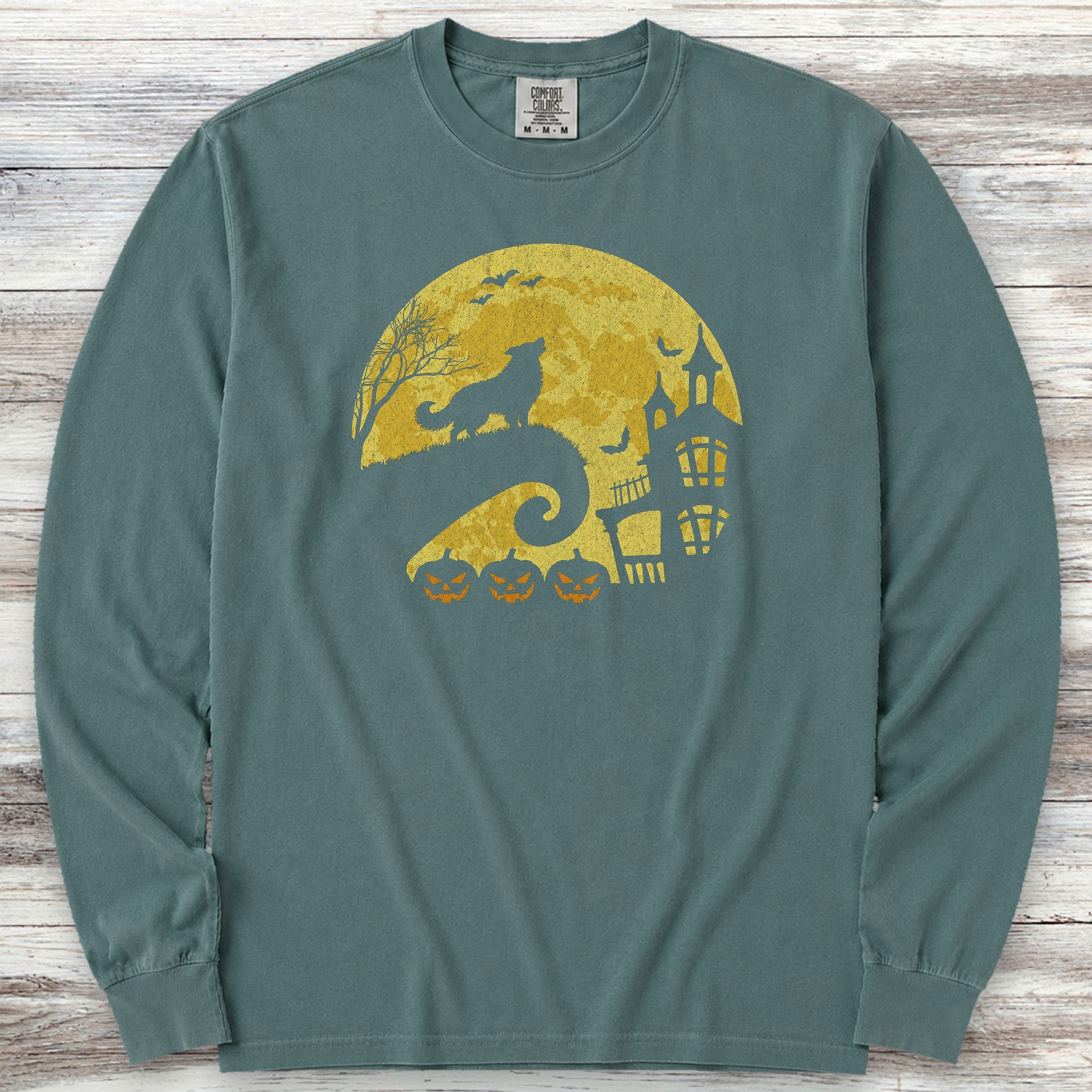 Border Collie Halloween Moon Long Sleeve Tee - Blue Spruce