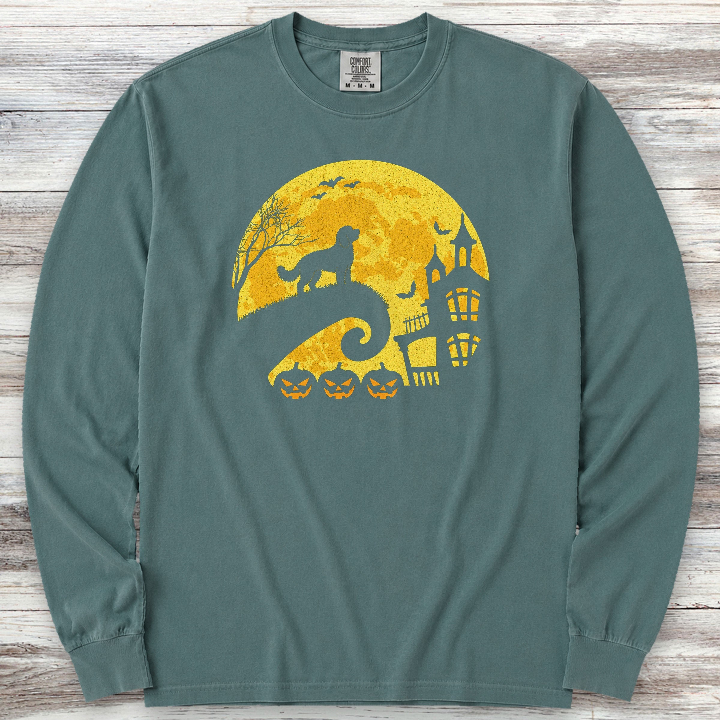 Doodle Halloween Moon Long Sleeve Tee - Blue Spruce