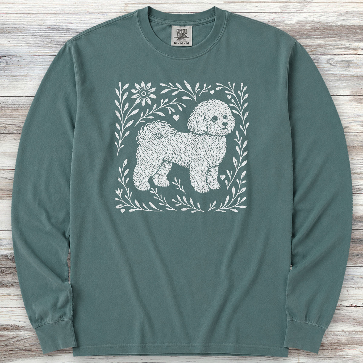 Bichon Frise Linocut Long Sleeve Tee - Blue Spruce