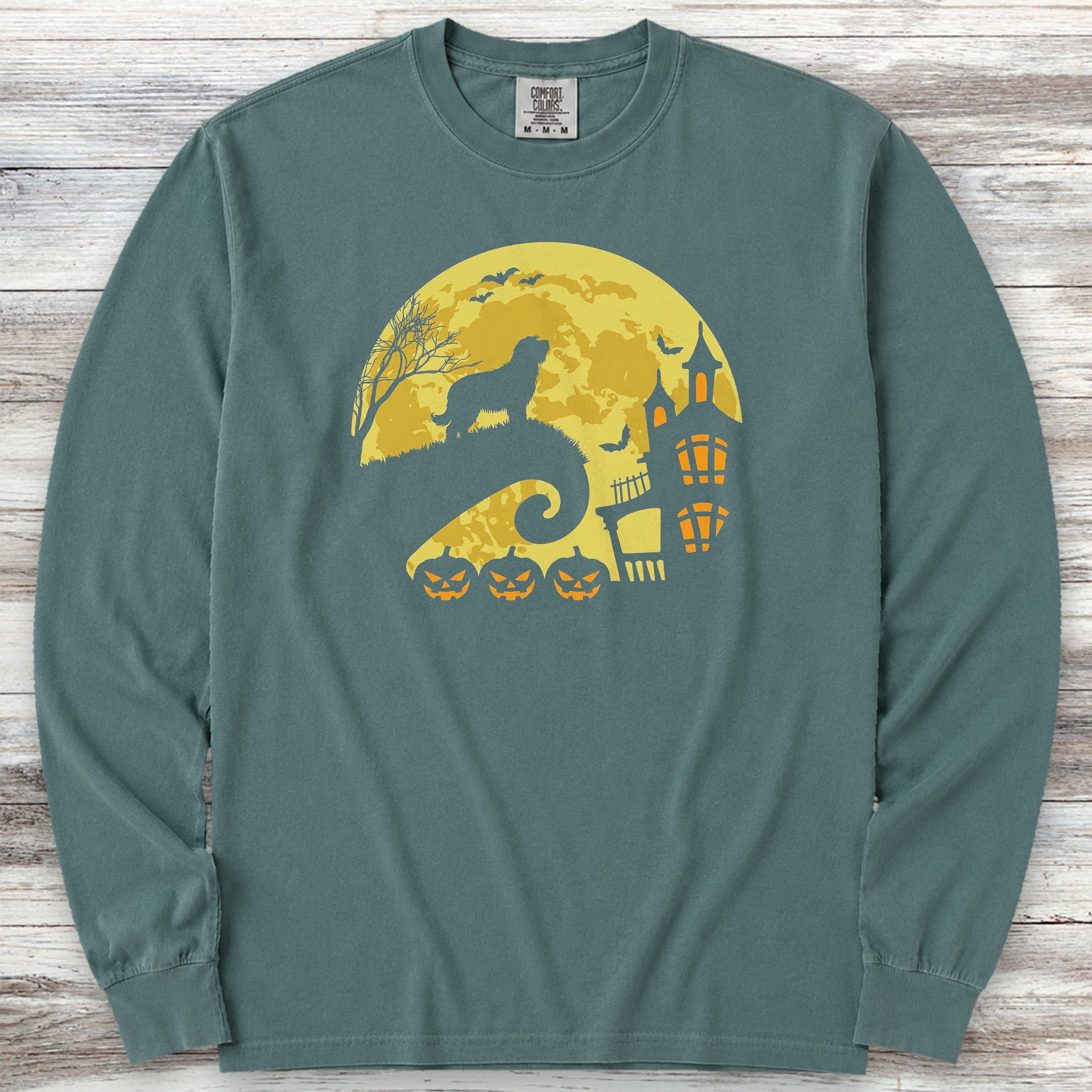 Bearded Collie Halloween Moon Long Sleeve Tee - Blue Spruce