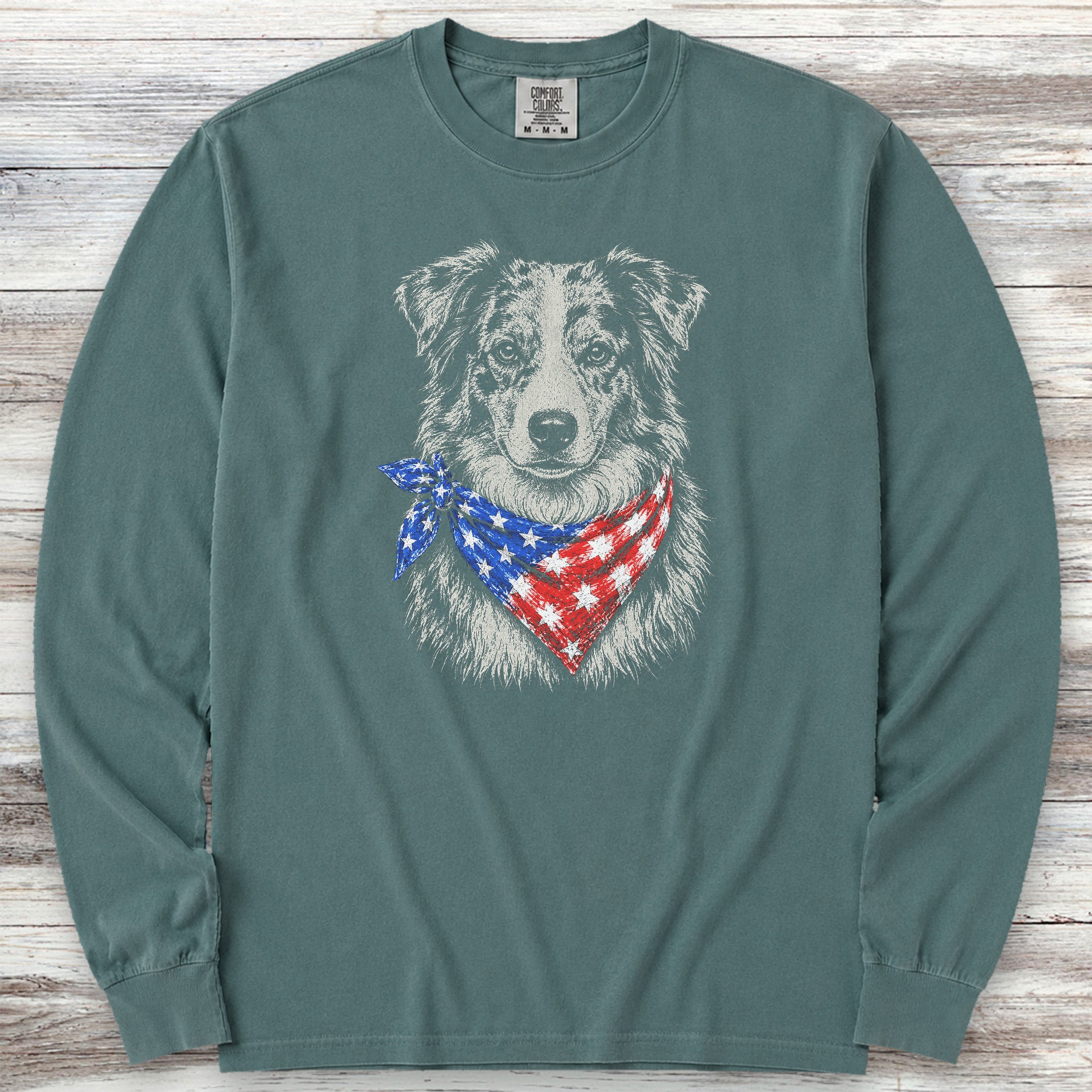 Australian Shepherd Merle Patriot Long Sleeve Tee - Blue Spruce